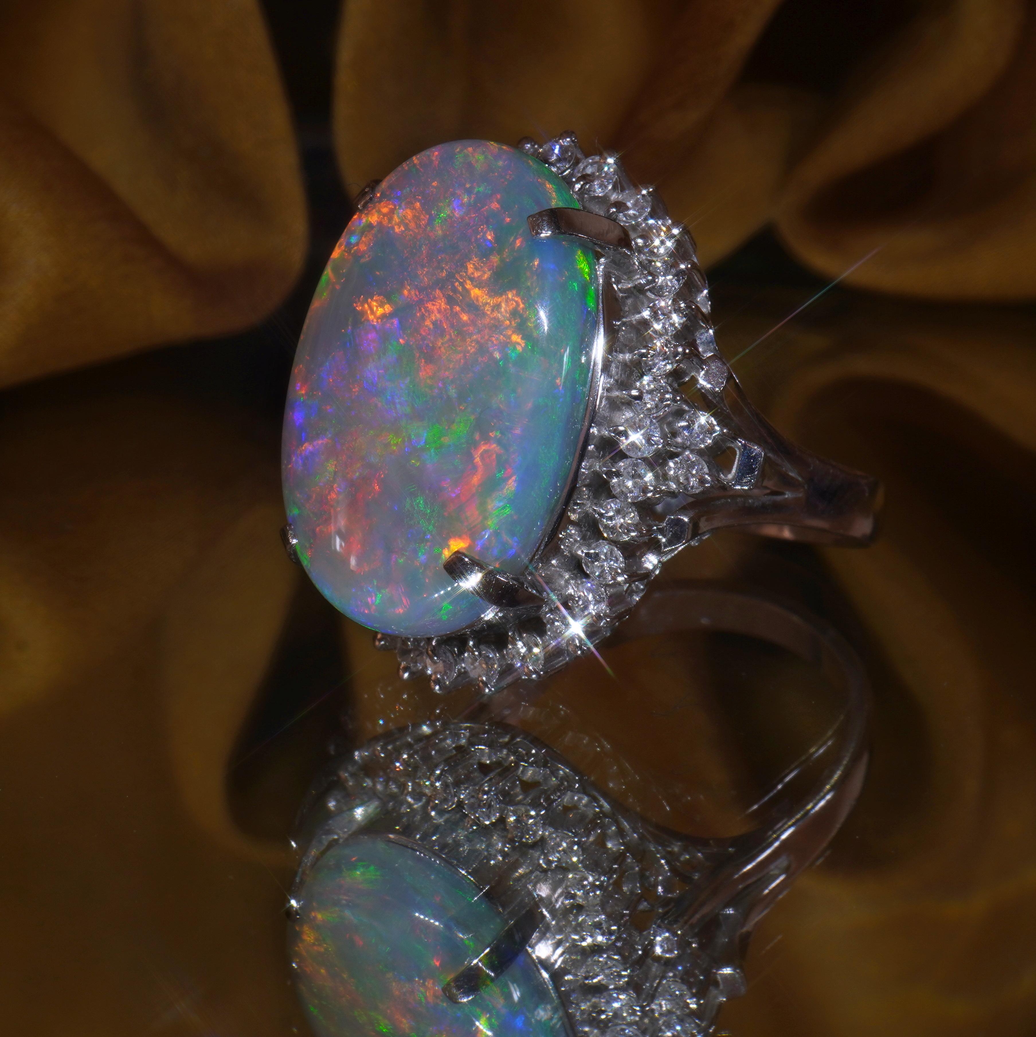 GIA Opal Australian Diamond Platinum Vintage Ring Solid Rainbow Huge 12.52 Cts! For Sale 1