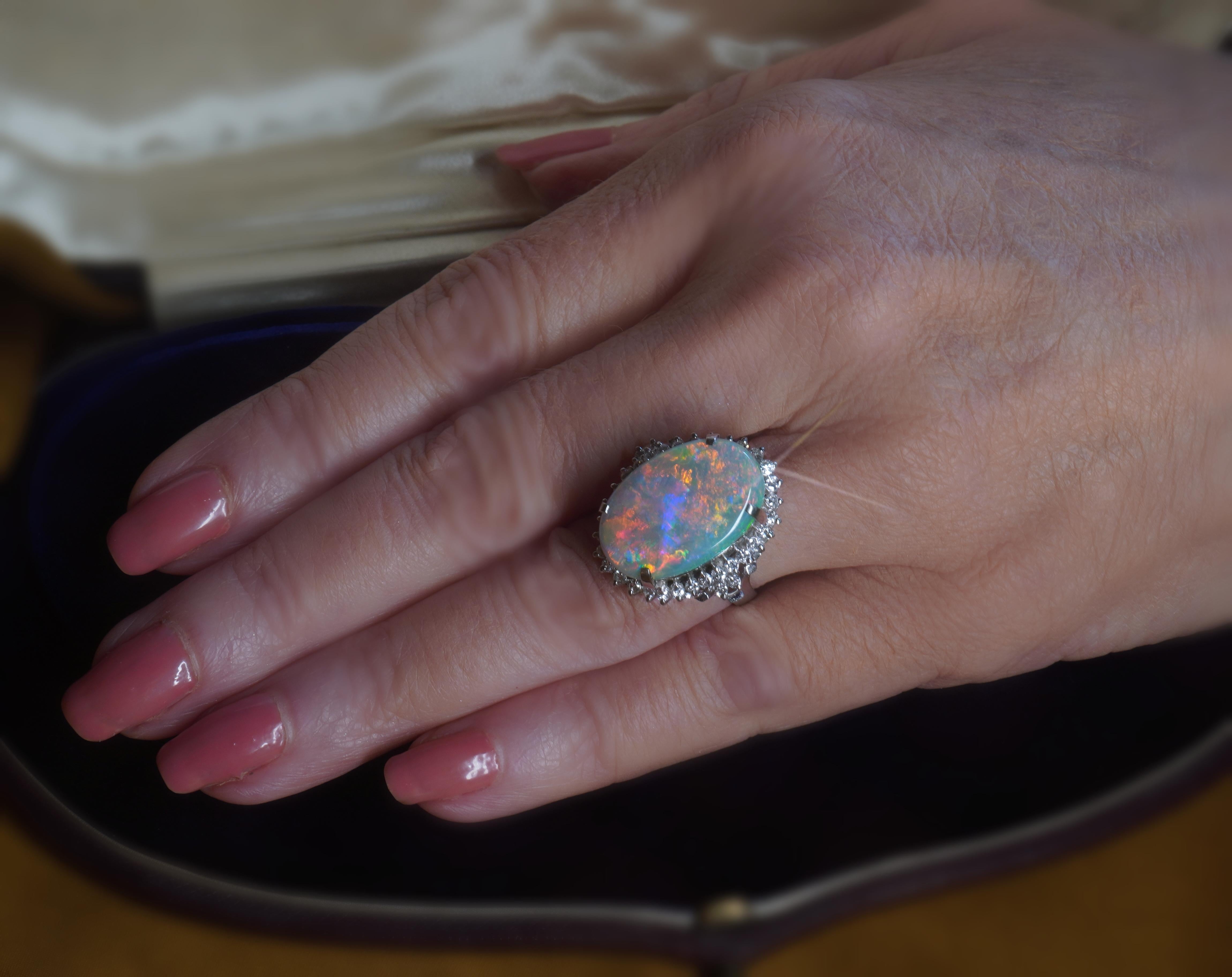 GIA Opal Australian Diamond Platinum Vintage Ring Solid Rainbow Huge 12.52 Cts! For Sale 2