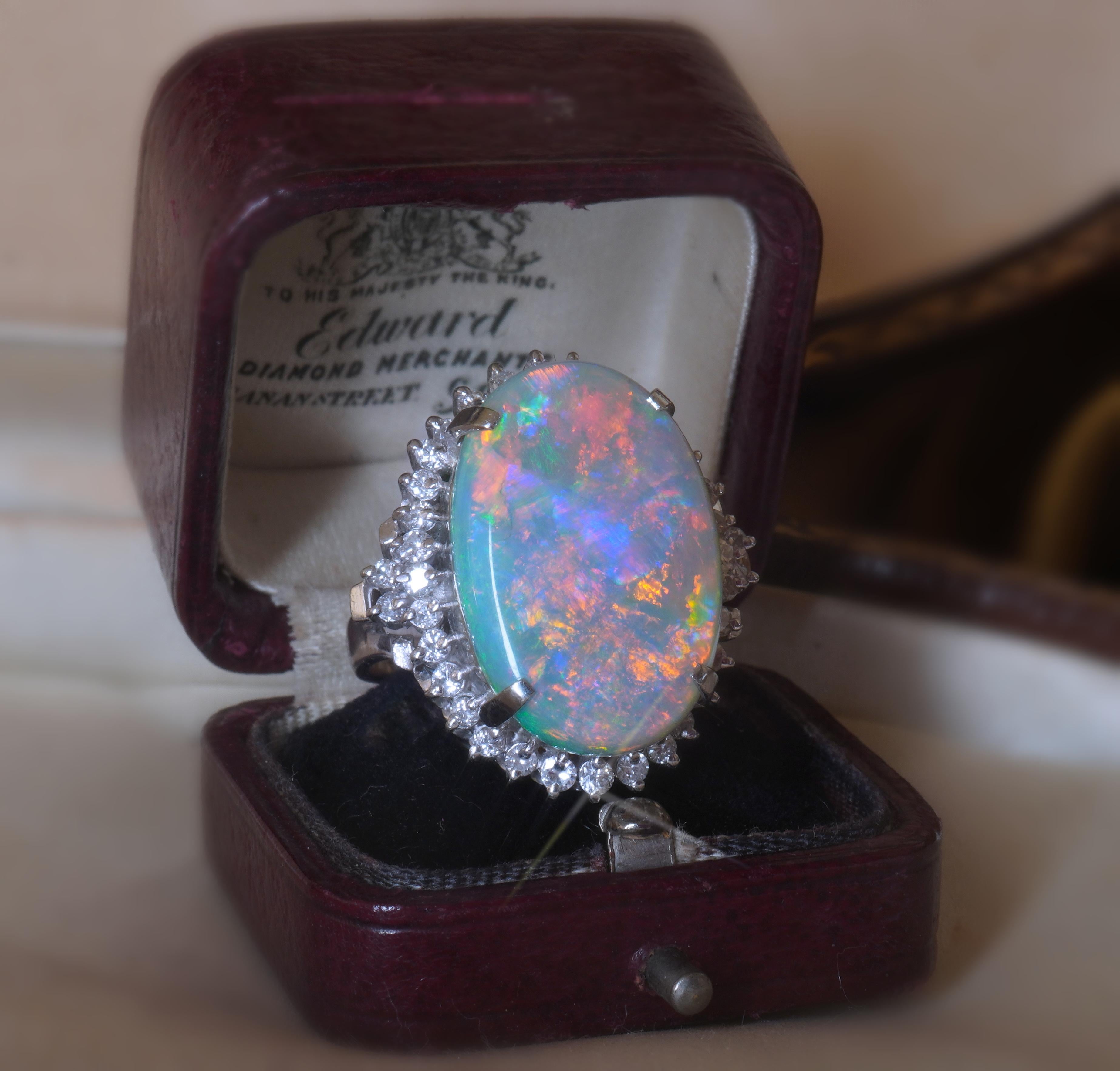 GIA Opal Australian Diamond Platinum Vintage Ring Solid Rainbow Huge 12.52 Cts! For Sale 3