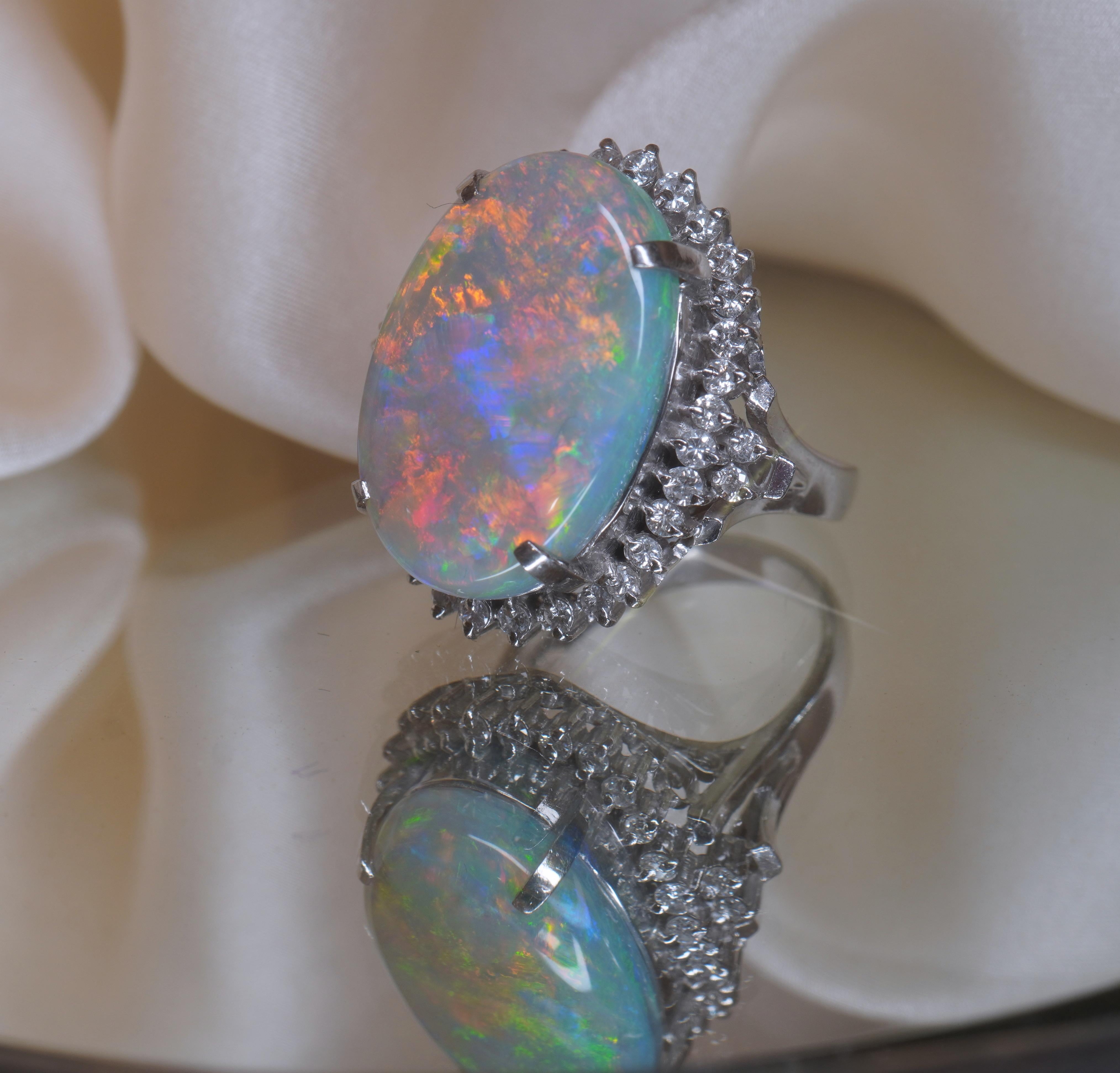 GIA Opal Australian Diamond Platinum Vintage Ring Solid Rainbow Huge 12.52 Cts! For Sale 4