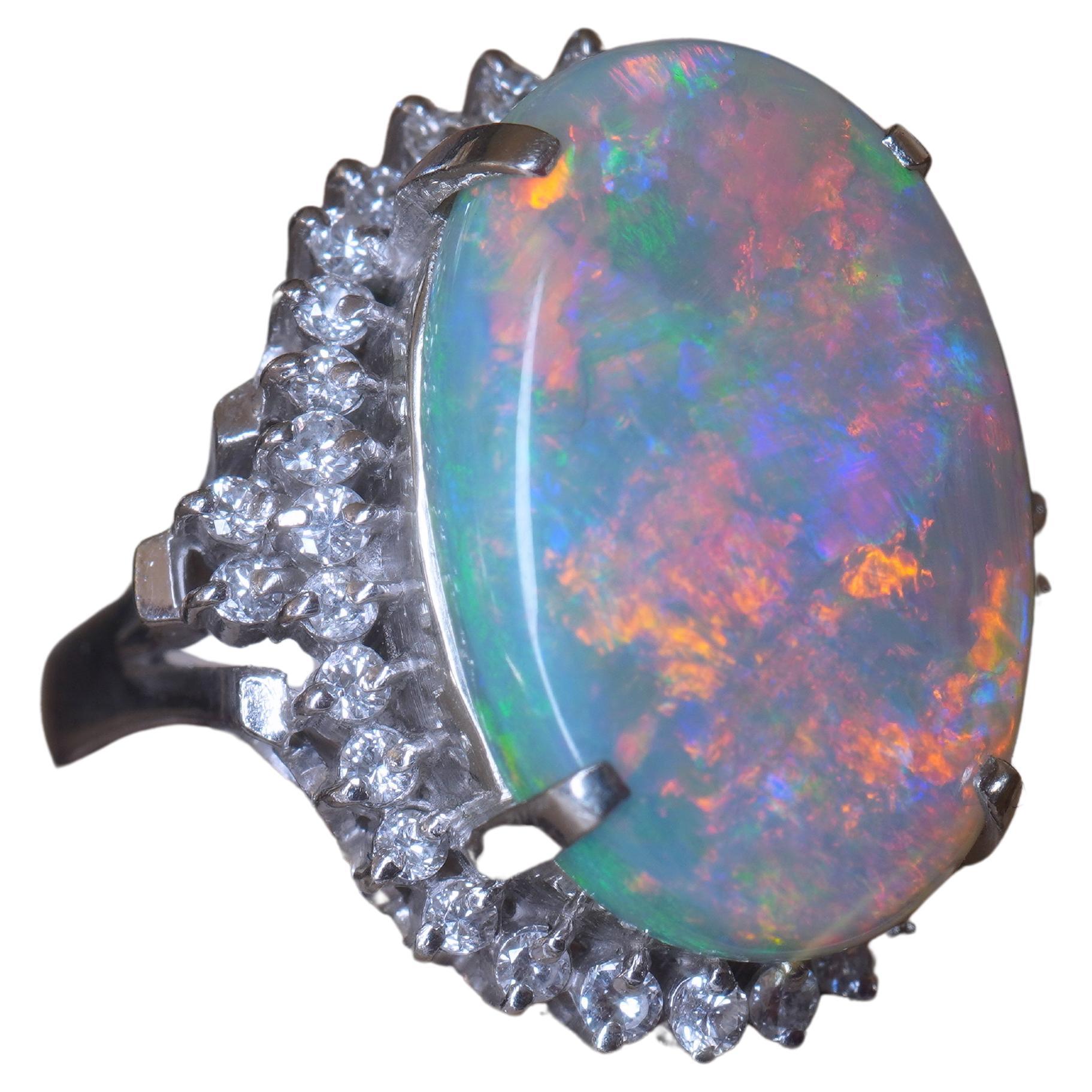 GIA Opal Australian Diamond Platinum Vintage Ring Solid Rainbow Huge 12.52 Cts! For Sale