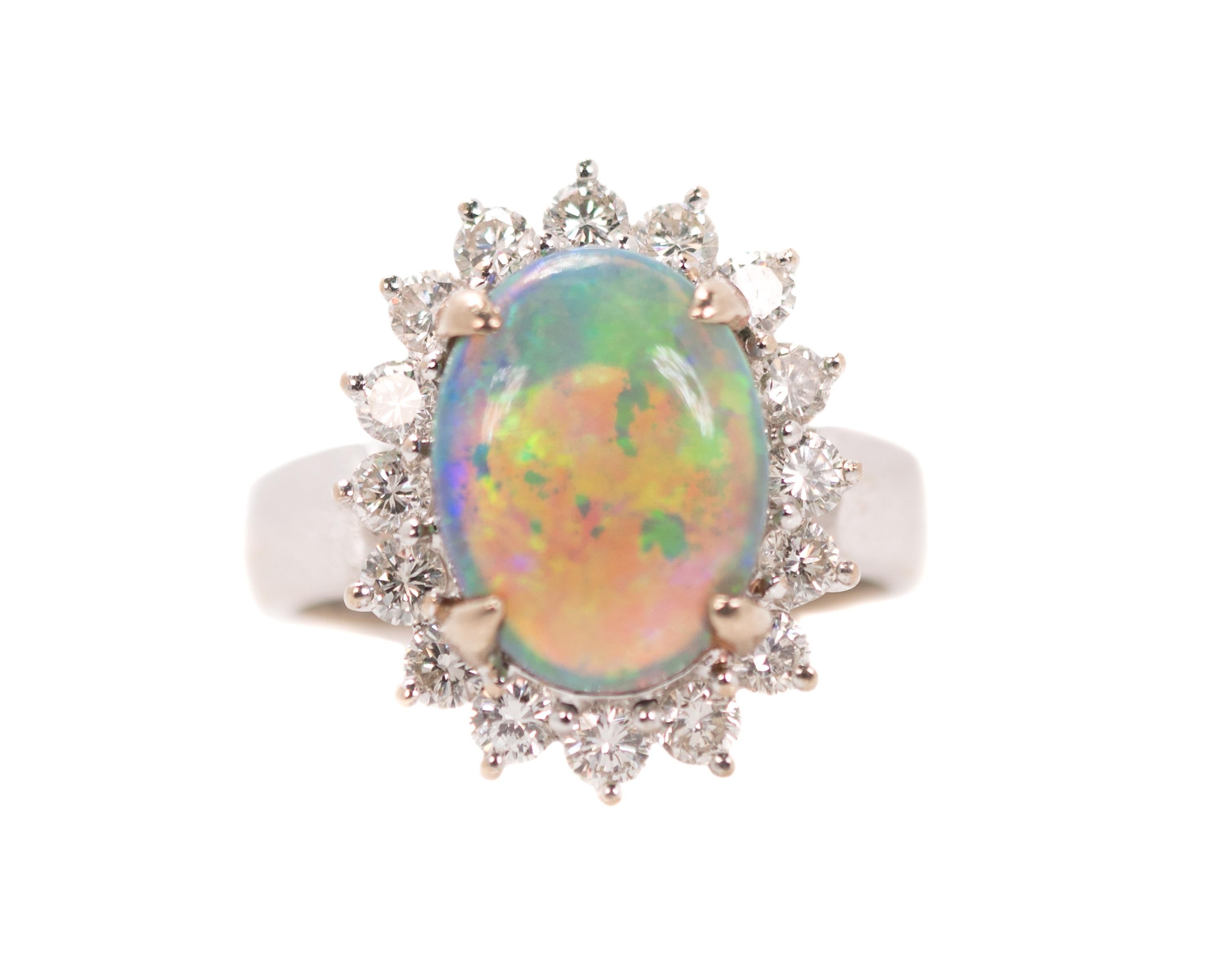 GIA Opal Oval Cabochon and Diamond Halo 18 Karat White Gold Engagement Ring 2