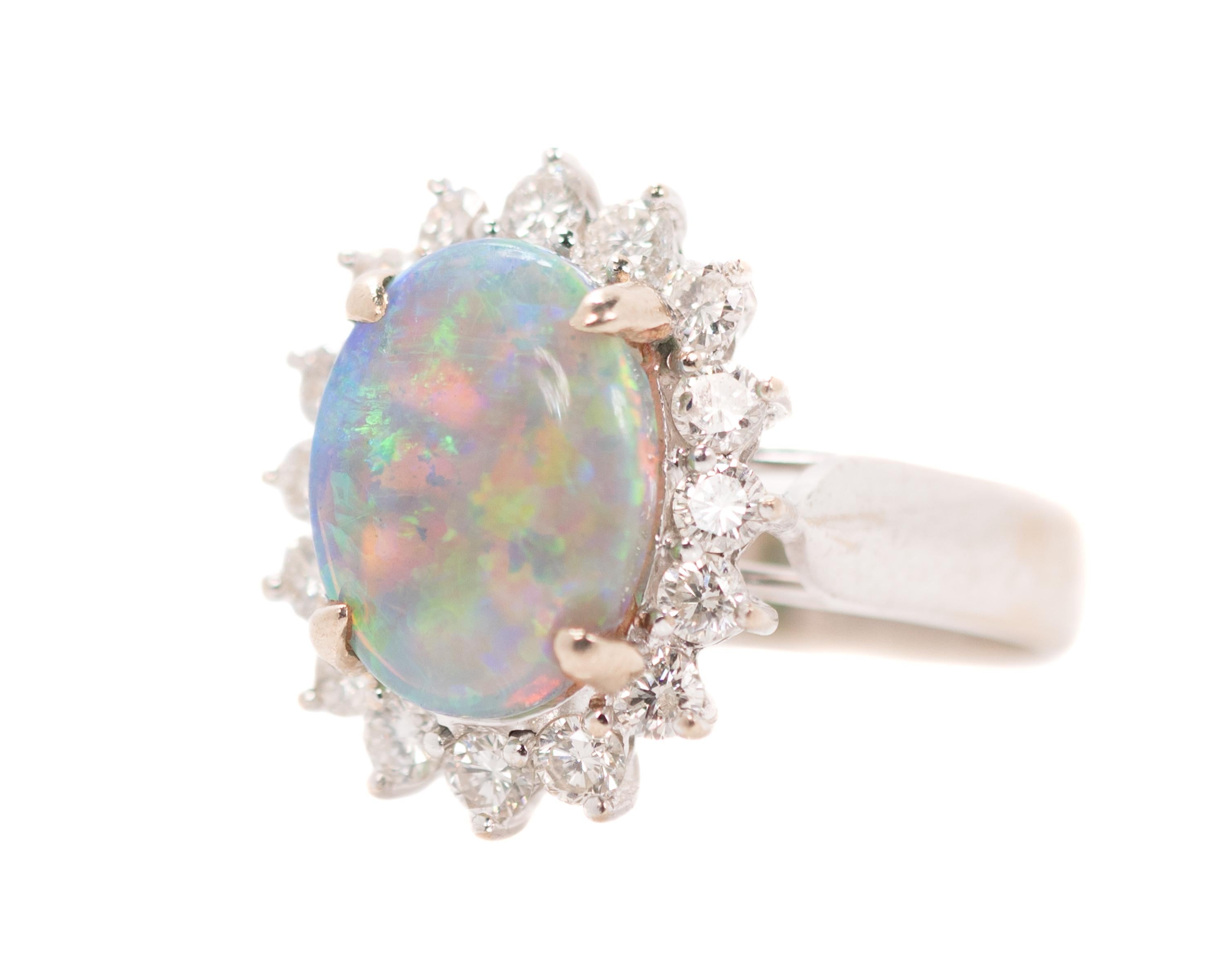 Women's GIA Opal Oval Cabochon and Diamond Halo 18 Karat White Gold Engagement Ring