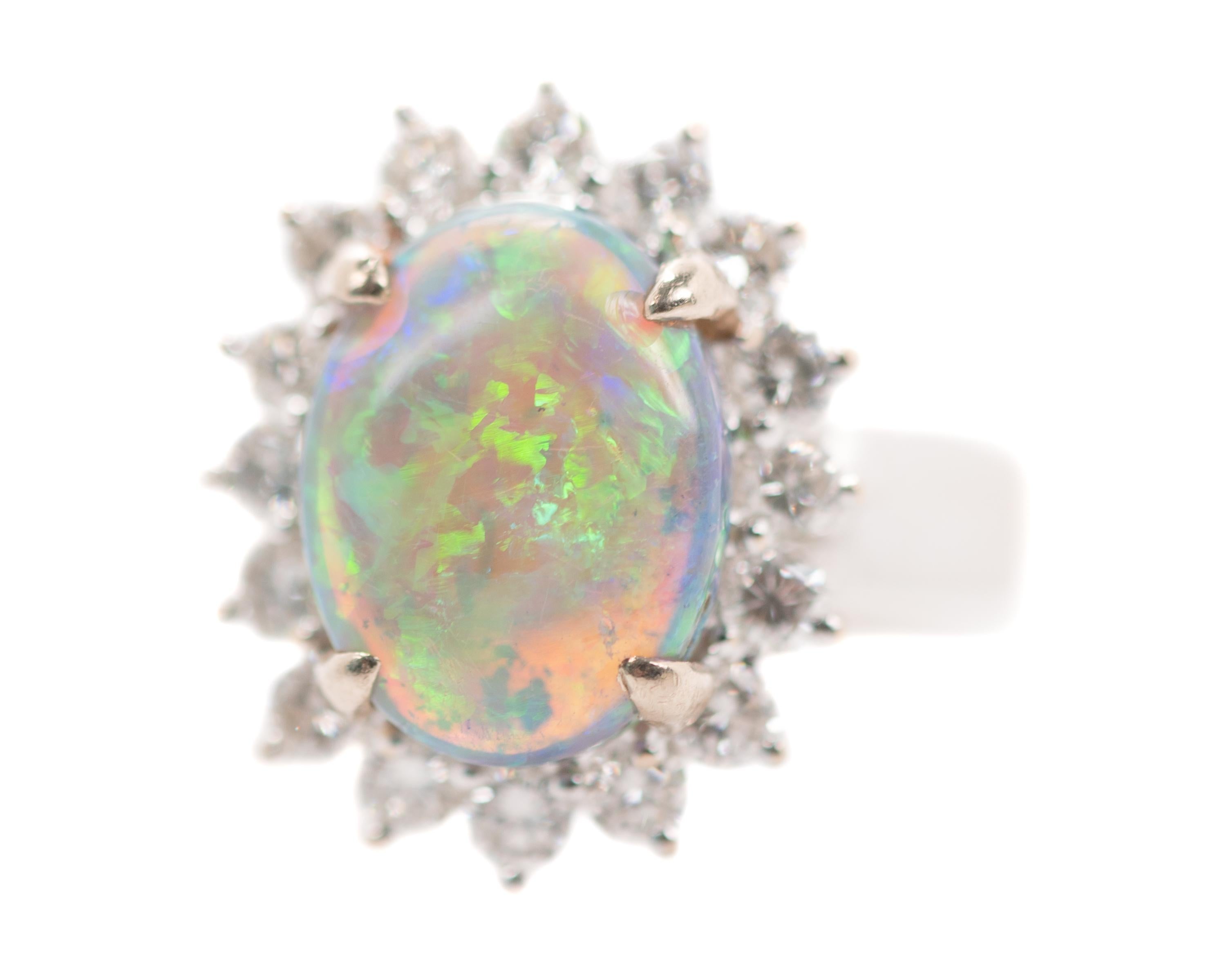 GIA Opal Oval Cabochon and Diamond Halo 18 Karat White Gold Engagement Ring 1