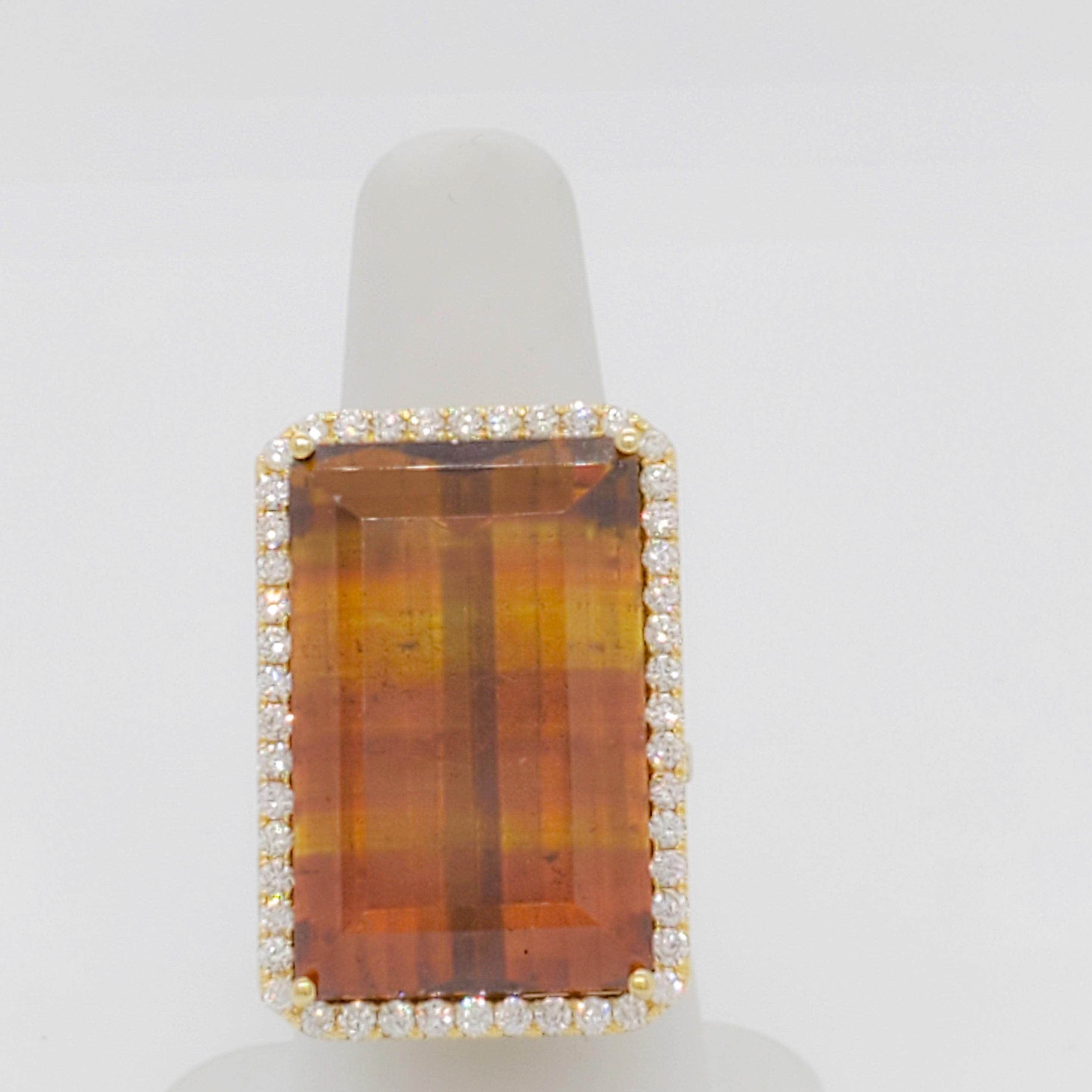 GIA Orange and Yellow Sphalerite Octagon and Diamond Cocktail Ring in 18k In New Condition For Sale In Los Angeles, CA