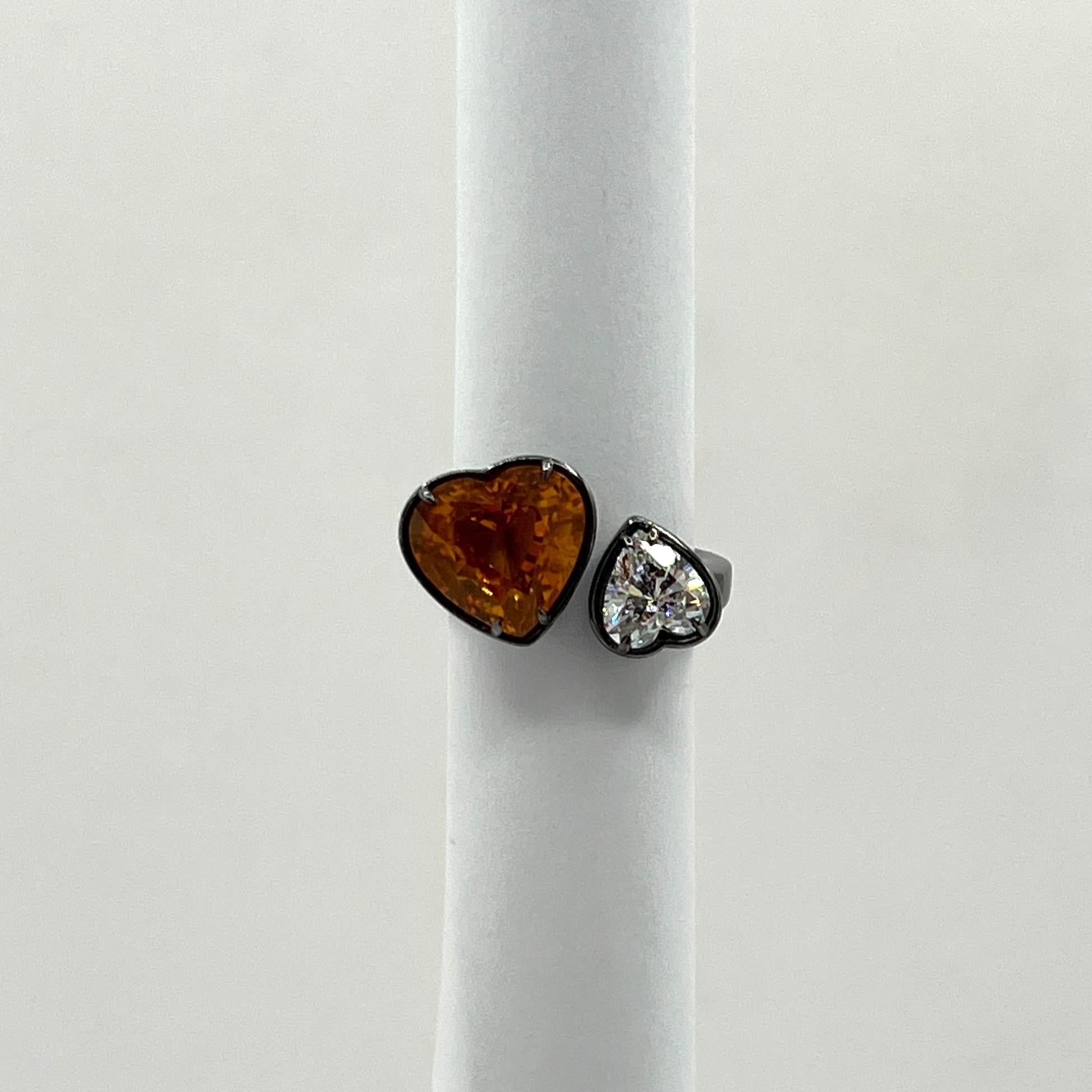 GIA Orange Sapphire & White Diamond Toi Et Moi Ring in 18K Yellow Gold & Rhodium For Sale 2