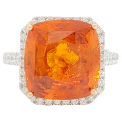 GIA Orange Sapphire Cushion and White Diamond Cocktail Ring in Platinum and 18k