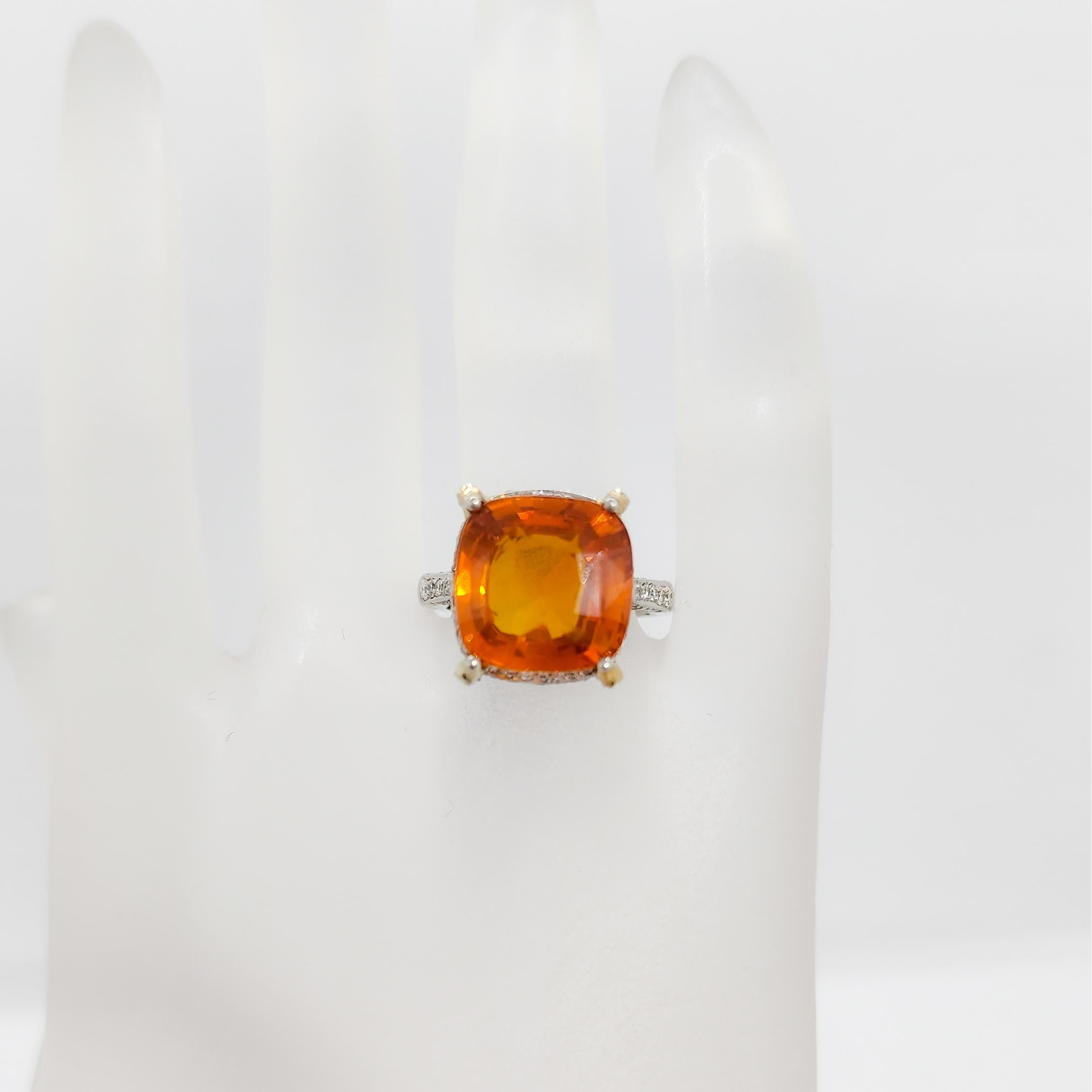 GIA Orange Sapphire Cushion and White Diamond Cocktail Ring in Platinum For Sale 4