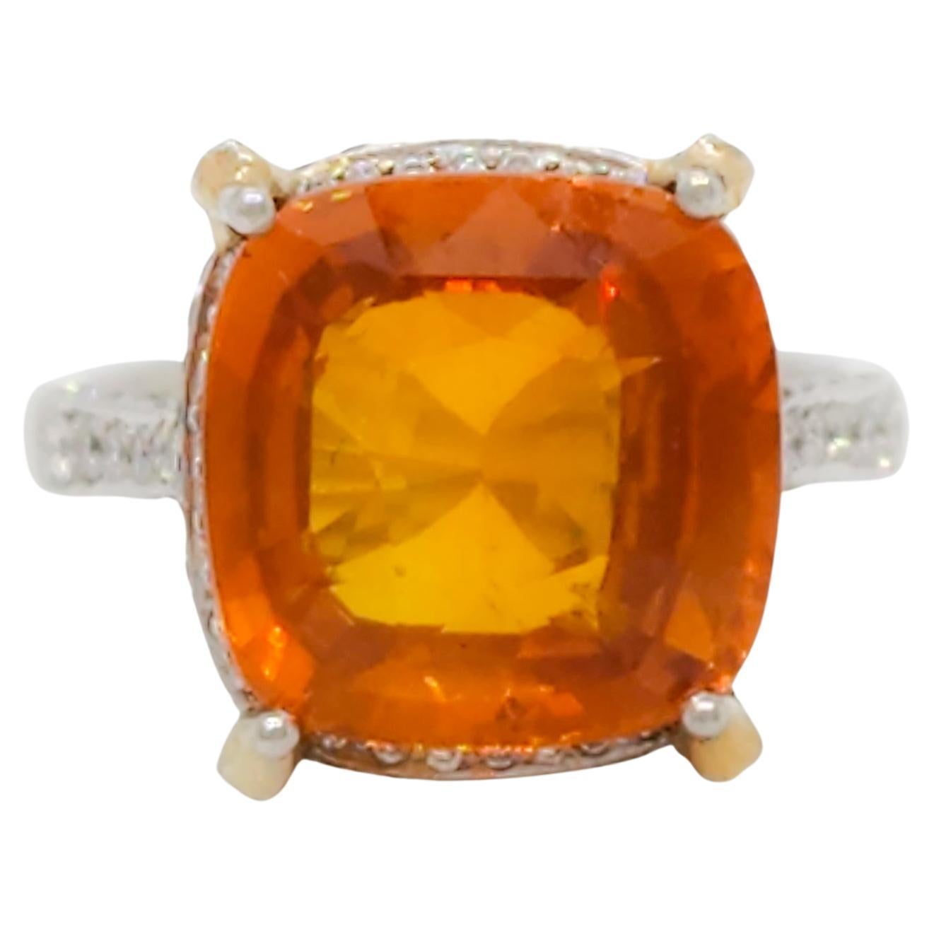 GIA Orange Sapphire Cushion and White Diamond Cocktail Ring in Platinum For Sale