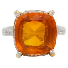 Bague cocktail en platine, saphir orange coussin et diamant blanc certifié GIA