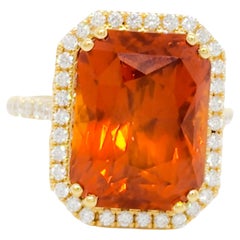 GIA Orange Sapphire Emerald Cut and Diamond Cocktail Ring in 18k Yellow Gold