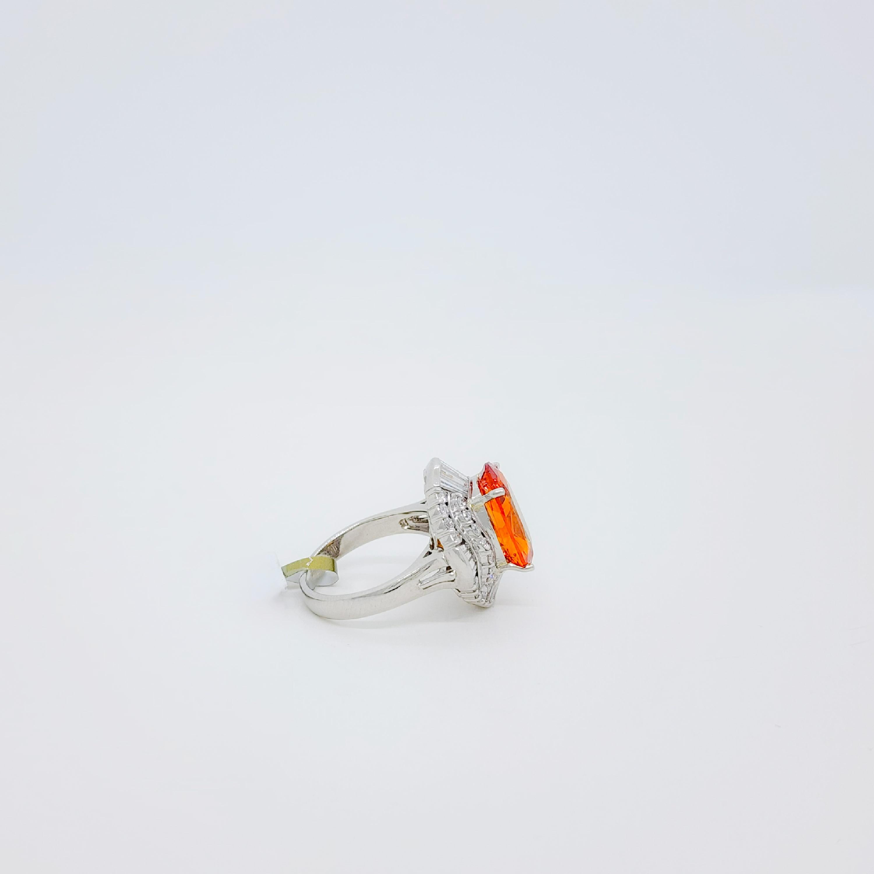 Women's or Men's GIA Orange Sapphire Oval and White Diamond Cocktail Ring in Platinum For Sale