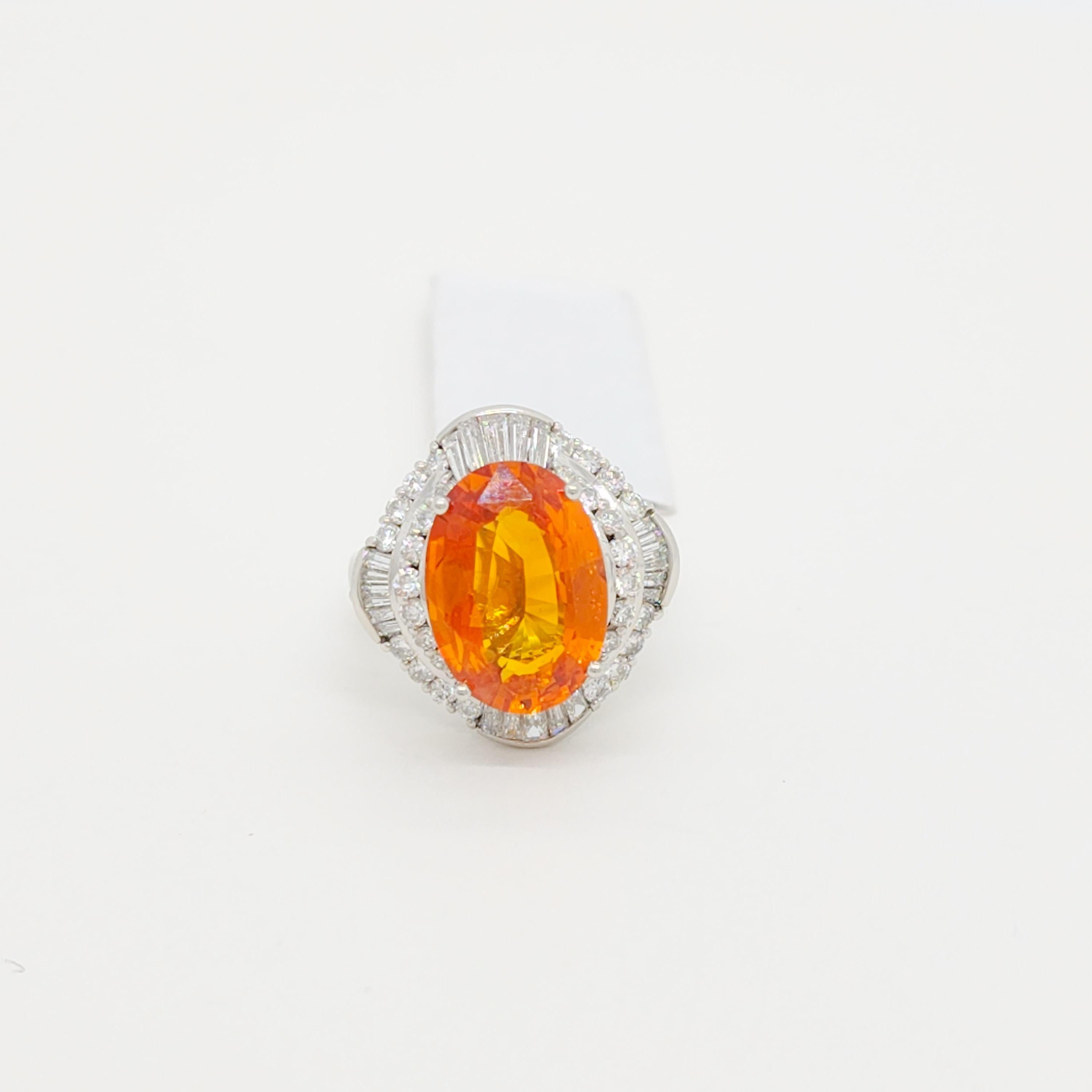GIA Orange Sapphire Oval and White Diamond Cocktail Ring in Platinum For Sale 2