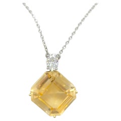 GIA Orangy Yellow Sapphire Octagon and White Diamond Pendant Necklace