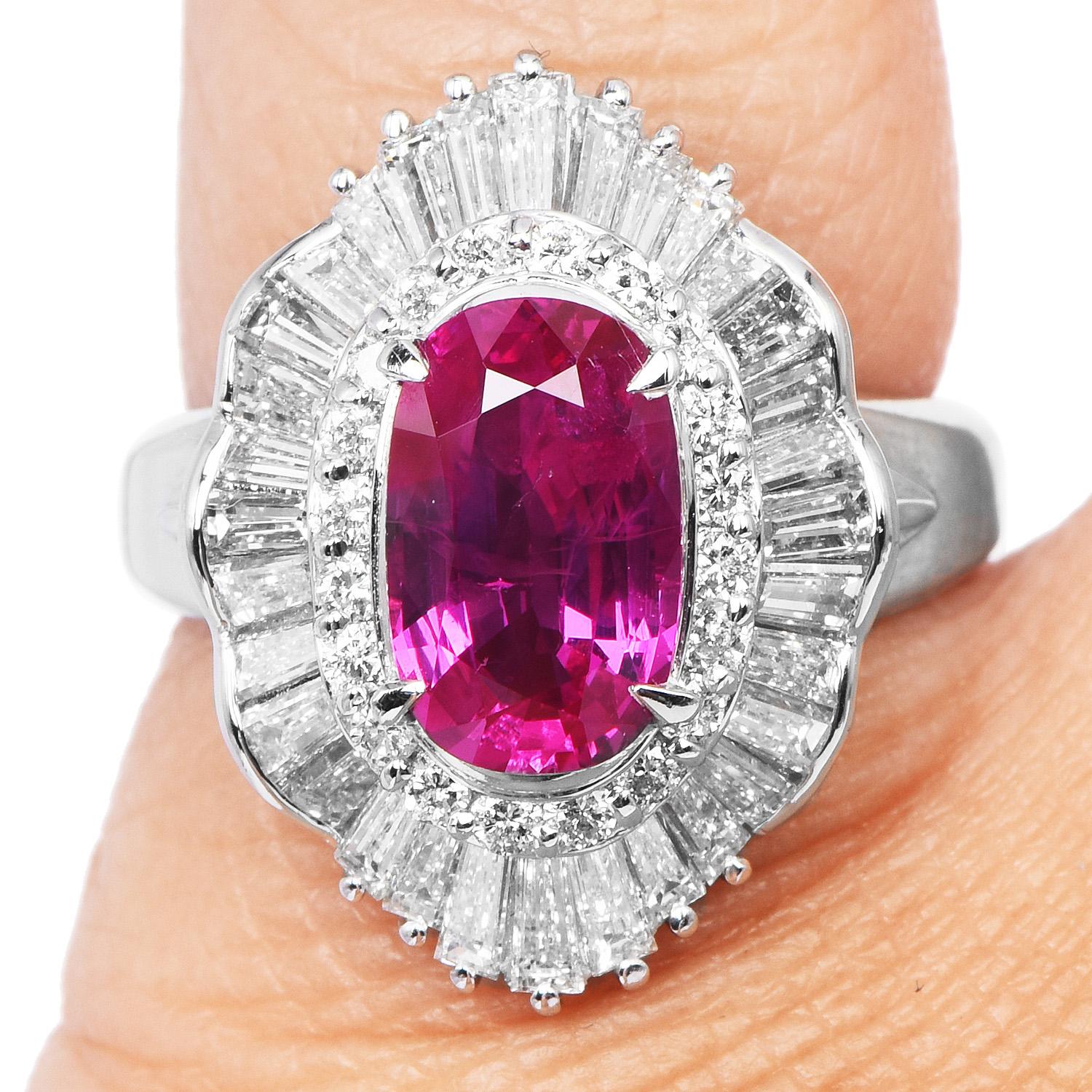 Women's GIA Oval Cut Ruby Diamond Platinum Ballerina Cocktail Ring For Sale