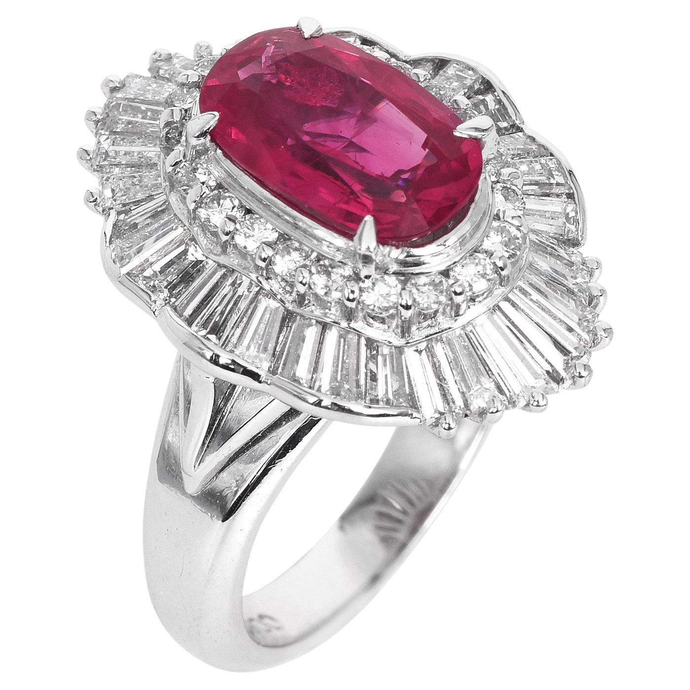 GIA Oval Cut Ruby Diamond Platinum Ballerina Cocktail Ring For Sale