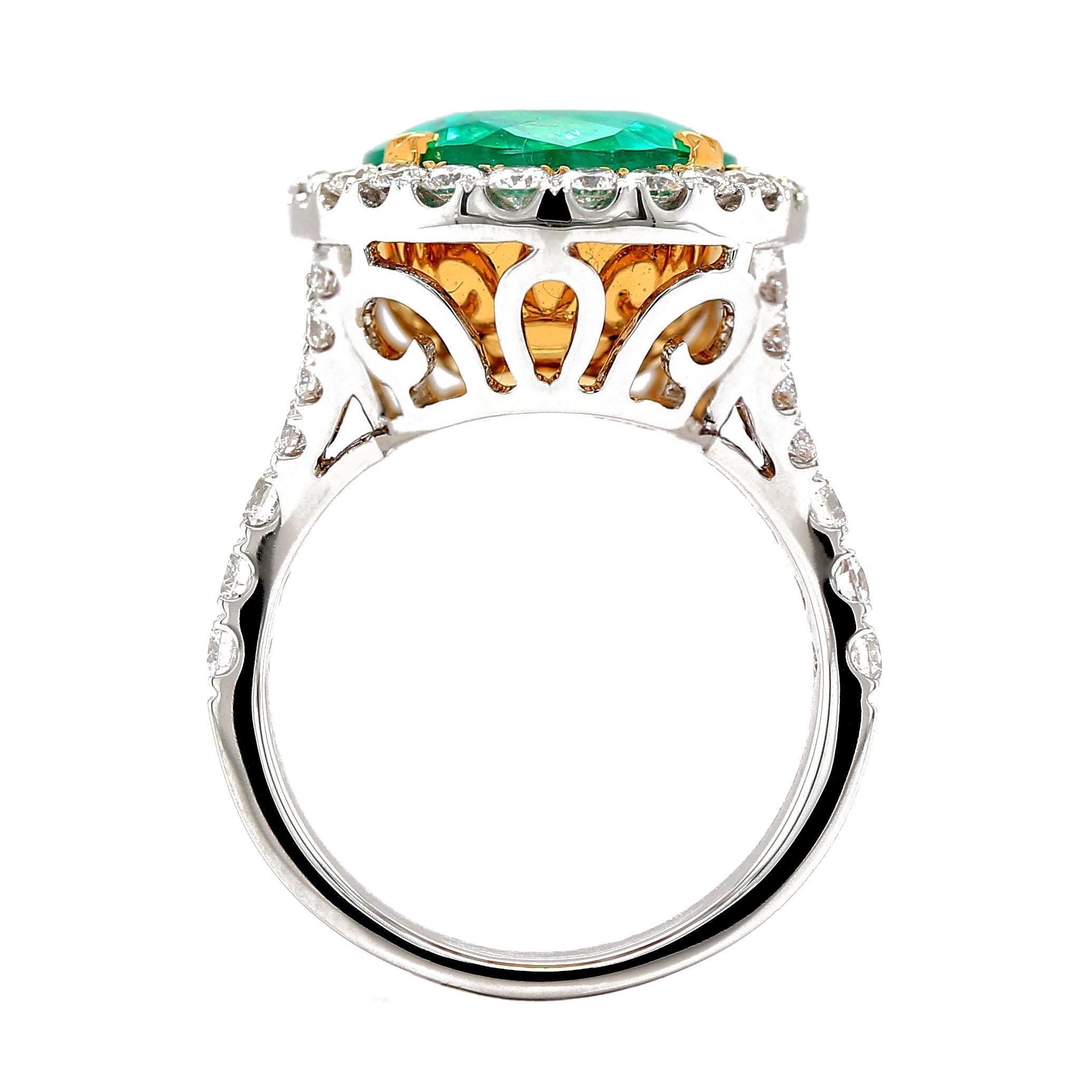 Oval Cut GIA Oval Emerald Ring in 18k 2 Tone For Sale
