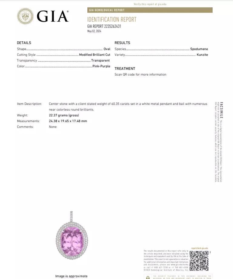 Oval Cut GIA Oval Kunzite 60.35 carat with Diamonds Pendant Necklace in Platinum