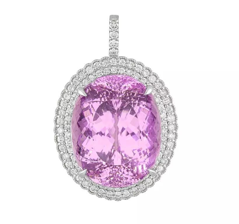 GIA Oval Kunzite 60.35 carat with Diamonds Pendant Necklace in Platinum In Excellent Condition In La Jolla, CA