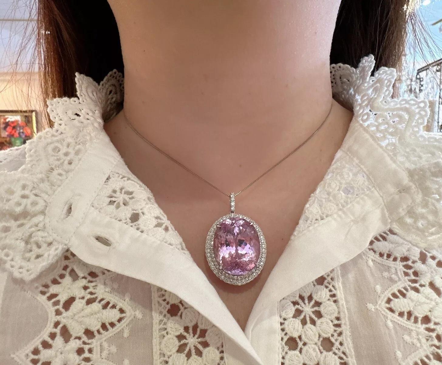 GIA Oval Kunzite 60.35 carat with Diamonds Pendant Necklace in Platinum 4