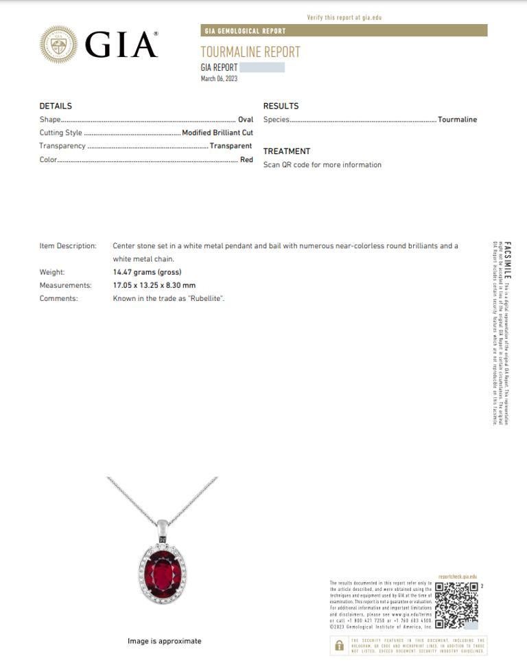 Oval Cut GIA Oval Rubellite Tourmaline 12.18 Carat Pendant with Diamonds in Platinum For Sale