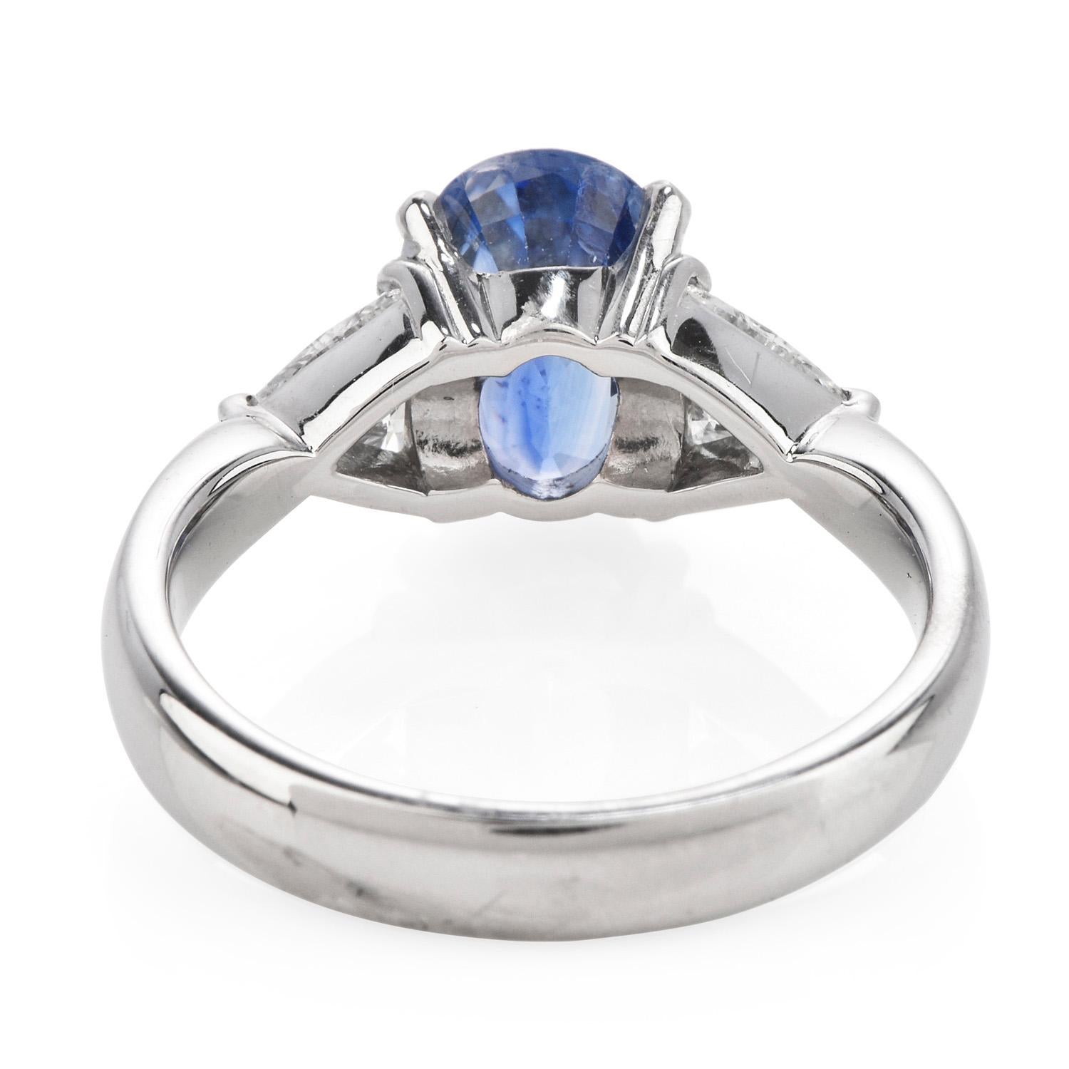 GIA Oval Sapphire Diamond Platinum Three Stone Ring In Excellent Condition In Miami, FL