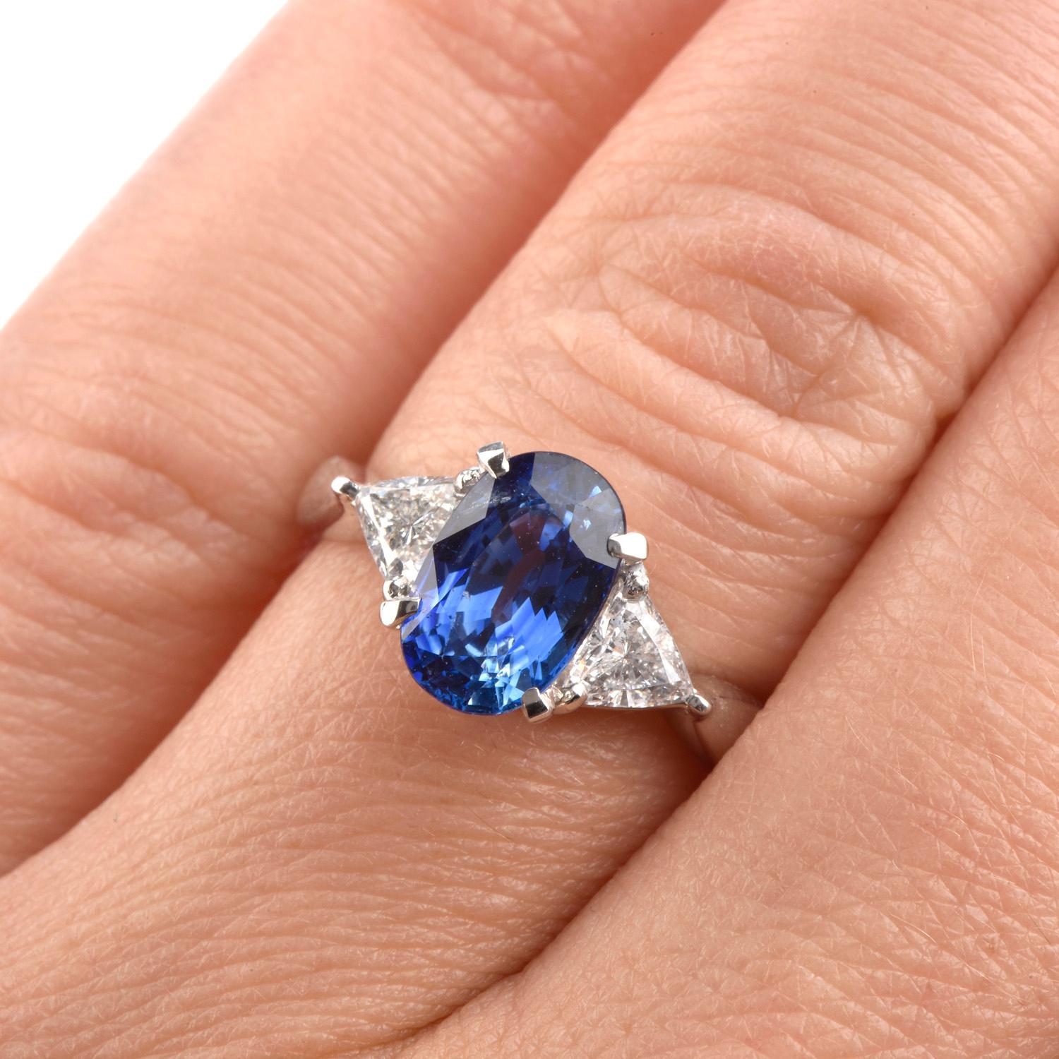 GIA Oval shape Natural Sapphire Diamond Platinum Three Stone Ring For Sale 2
