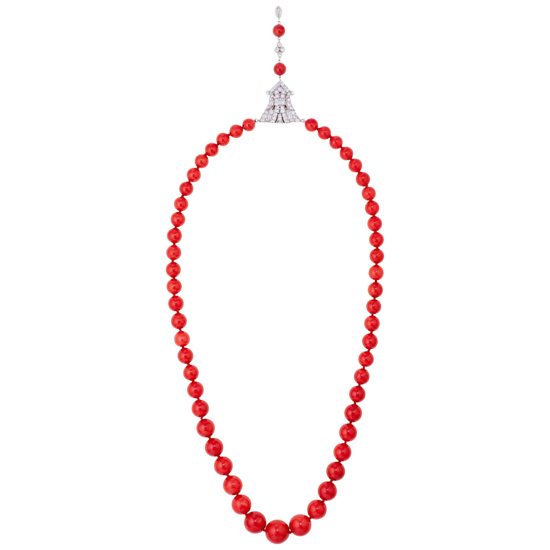 GIA Oxblood Coral Strand and 3.95 Carat Diamond and Platinum Clasp
