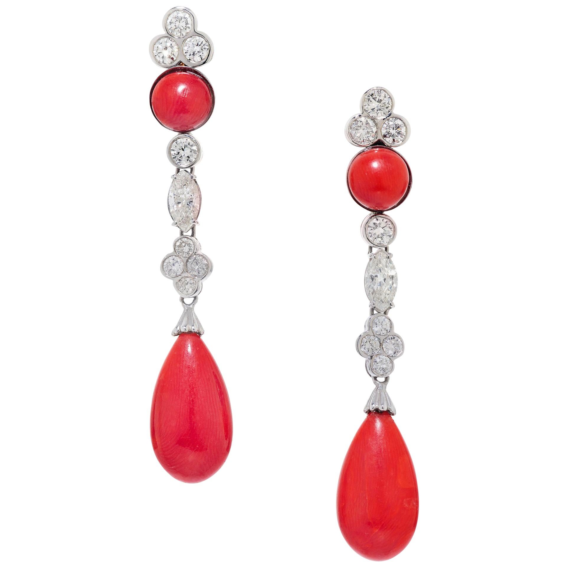 GIA Oxblood Coral with 3.3 Carat Diamond Drop Earrings in 18 Karat White Gold