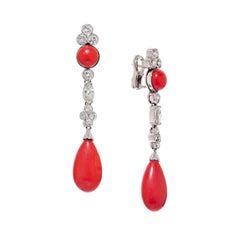 GIA Oxblood Coral with 3.3 Carat Diamond Drop Earrings in 18 Karat White Gold
