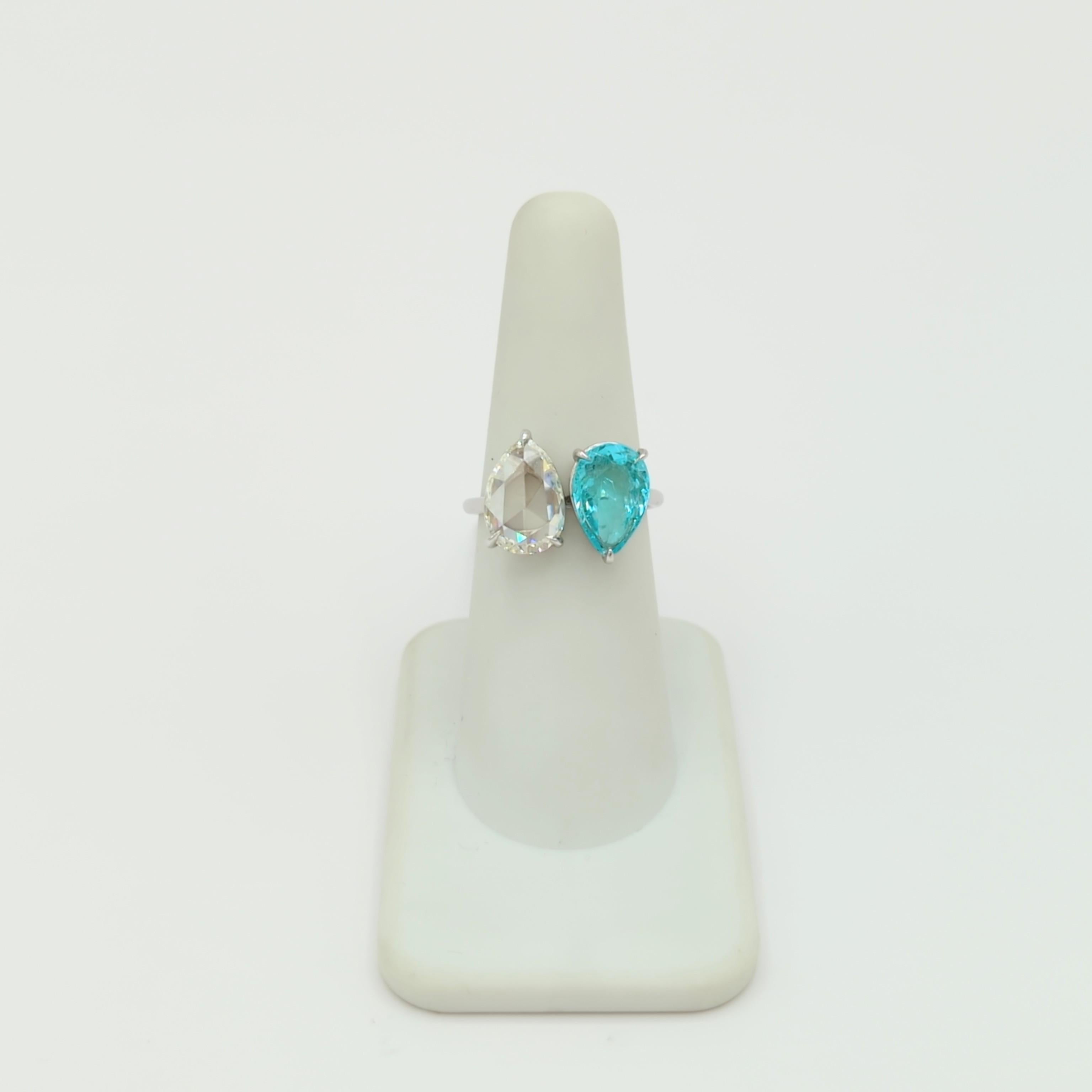 GIA Paraiba Greenish Blue Tourmaline and White Diamond Pear Shape Ring  In New Condition In Los Angeles, CA