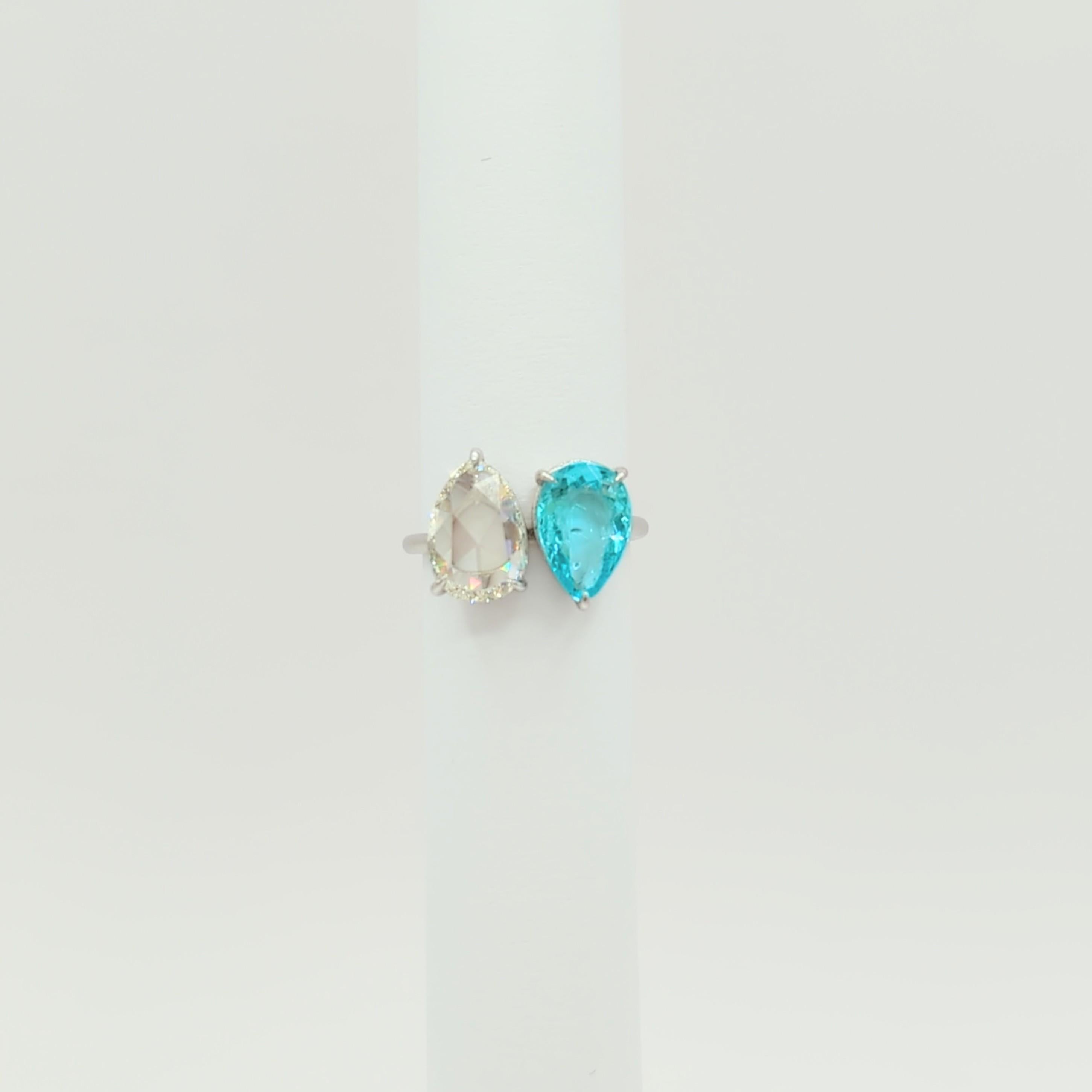 Women's or Men's GIA Paraiba Greenish Blue Tourmaline and White Diamond Pear Shape Ring 