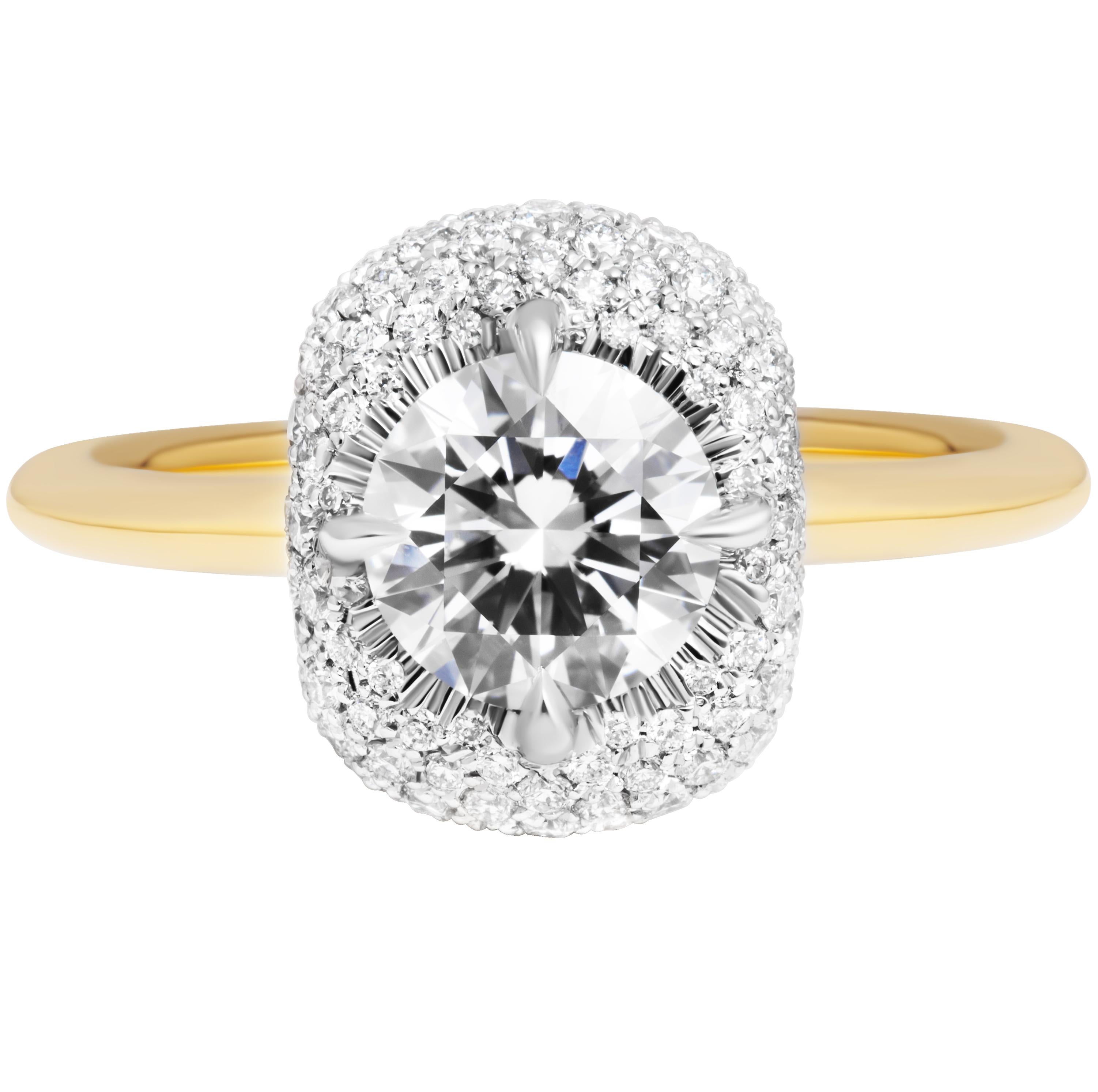 Pavè Bubble Engagement Ring with 1.02ct I VS2 Round Diamond 

Pavè dome bubble halo in 18k Yellow Gold & PT950 

Center Stone: 1.02ct I VS2 Round Shape Diamond GIA#6415813071 

Size 6

