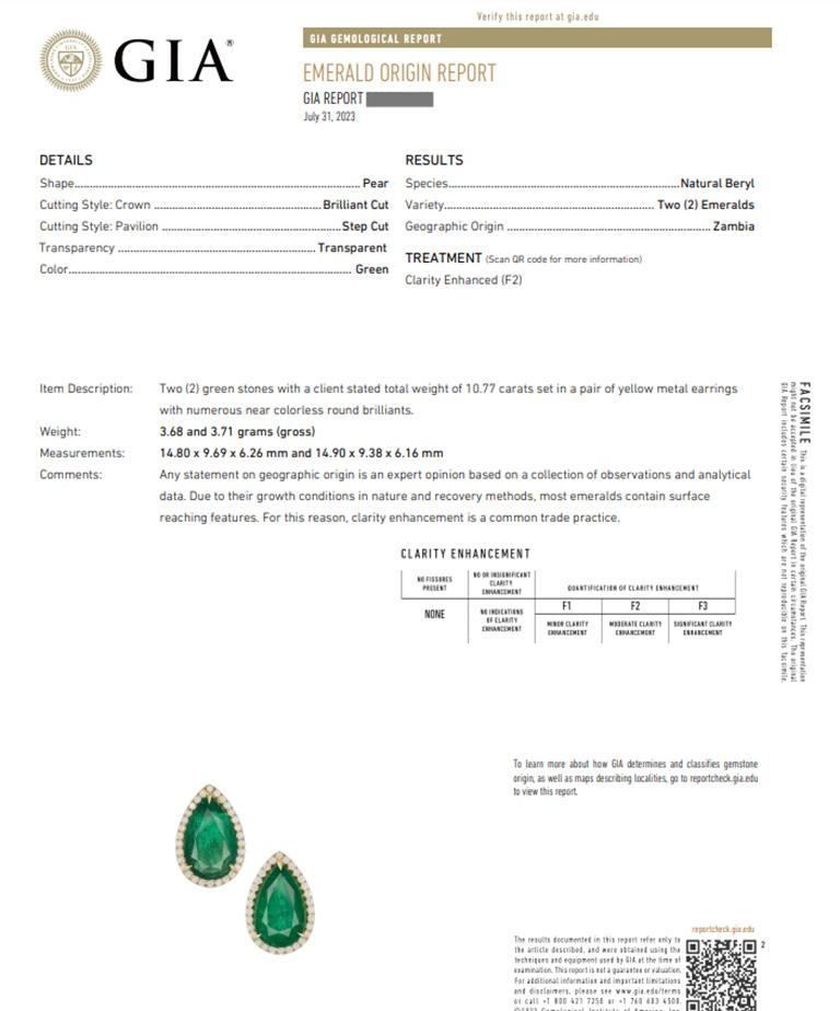 Pear Cut GIA Pear Emerald Halo Diamond Earrings 10.77 Carats in 18k Yellow Gold For Sale