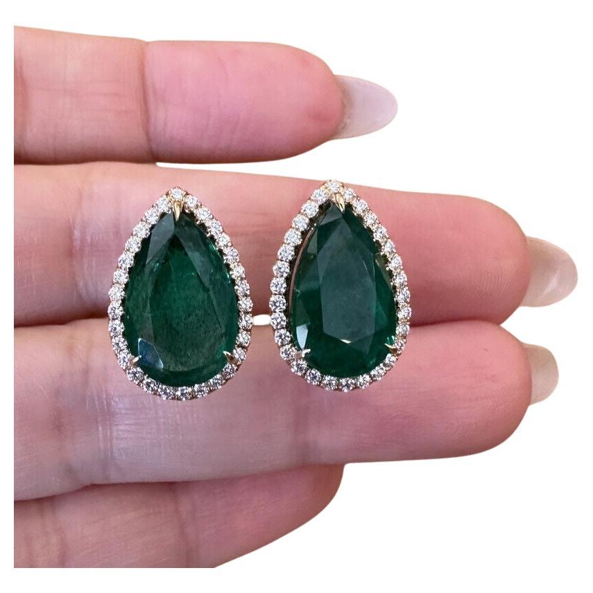 GIA Pear Emerald Halo Diamond Earrings 10.77 Carats in 18k Yellow Gold For Sale