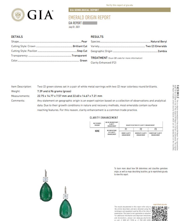 Pear Cut GIA Pear Emeralds 31.17 Carat Total Weight & Diamond Earrings in 18k White Gold For Sale