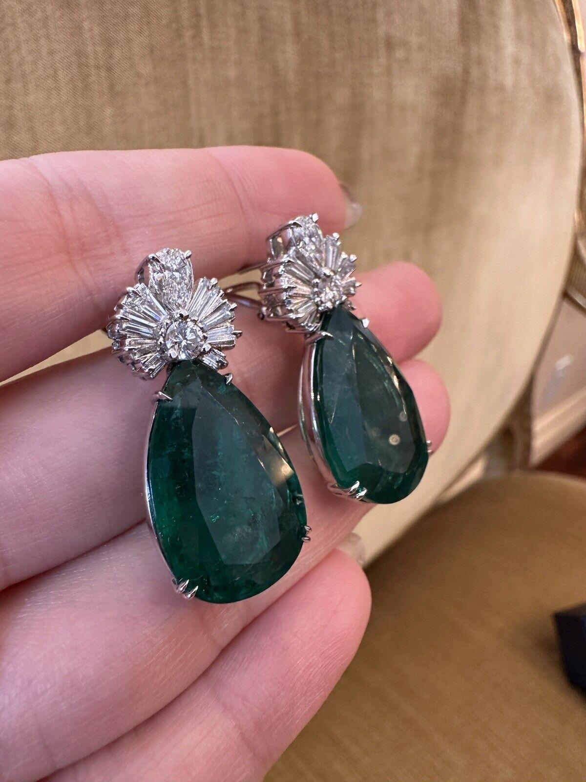 GIA Pear Emeralds 31.17 Carat Total Weight & Diamond Earrings in 18k White Gold In Excellent Condition For Sale In La Jolla, CA