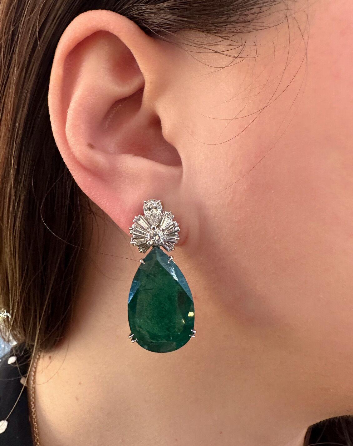 Women's GIA Pear Emeralds 31.17 Carat Total Weight & Diamond Earrings in 18k White Gold For Sale