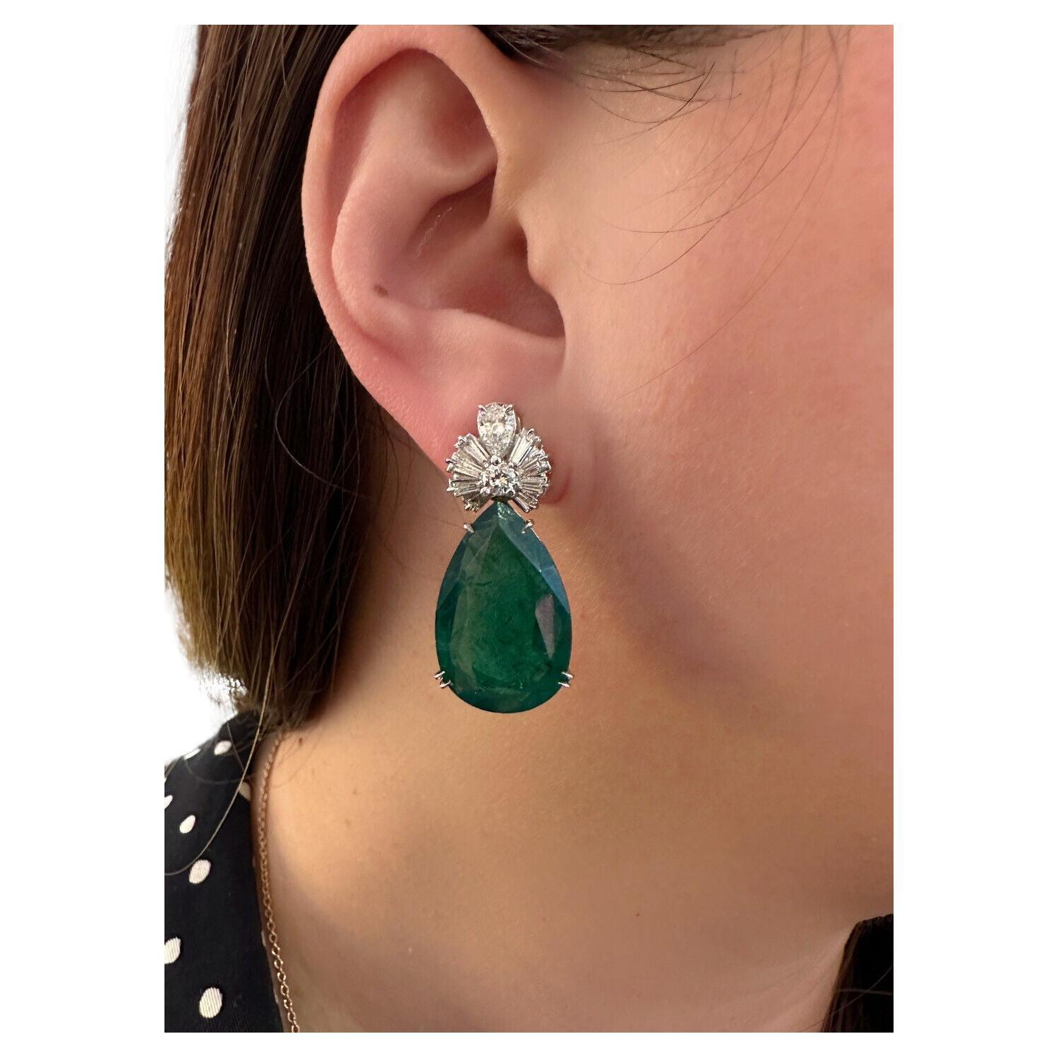 GIA Pear Emeralds 31.17 Carat Total Weight & Diamond Earrings in 18k White Gold For Sale
