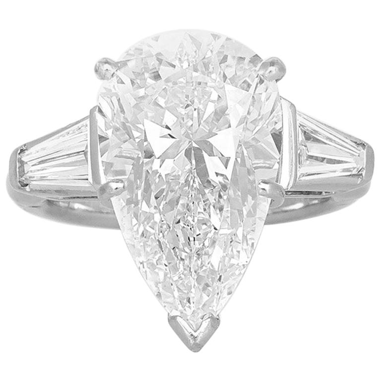 GIA Pear Engagement Platinum with Two Baguette on the Side Ring For Sale