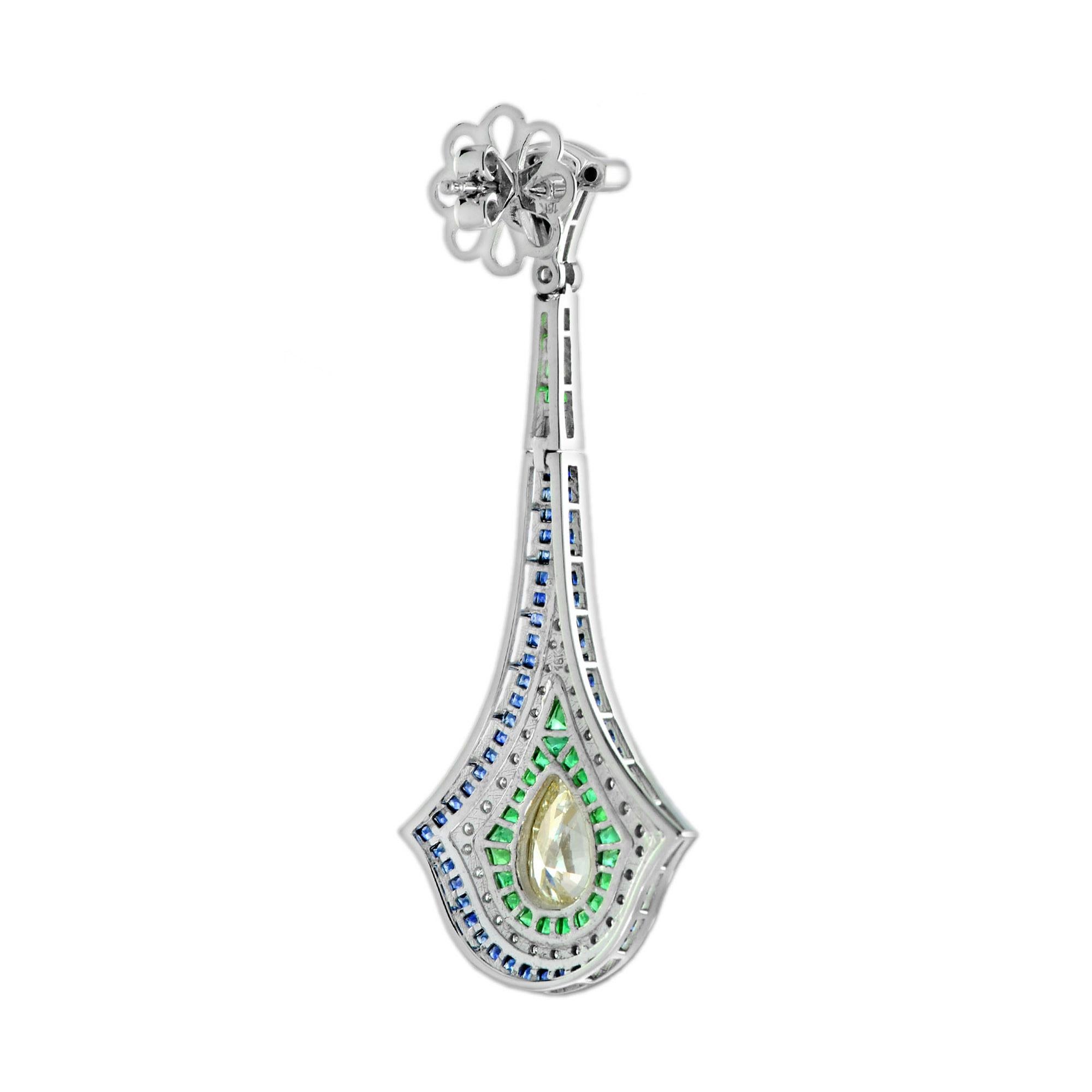 Women's GIA Pear Shape Diamond Emerald Sapphire Art Deco Style Earrings in 18K Gold