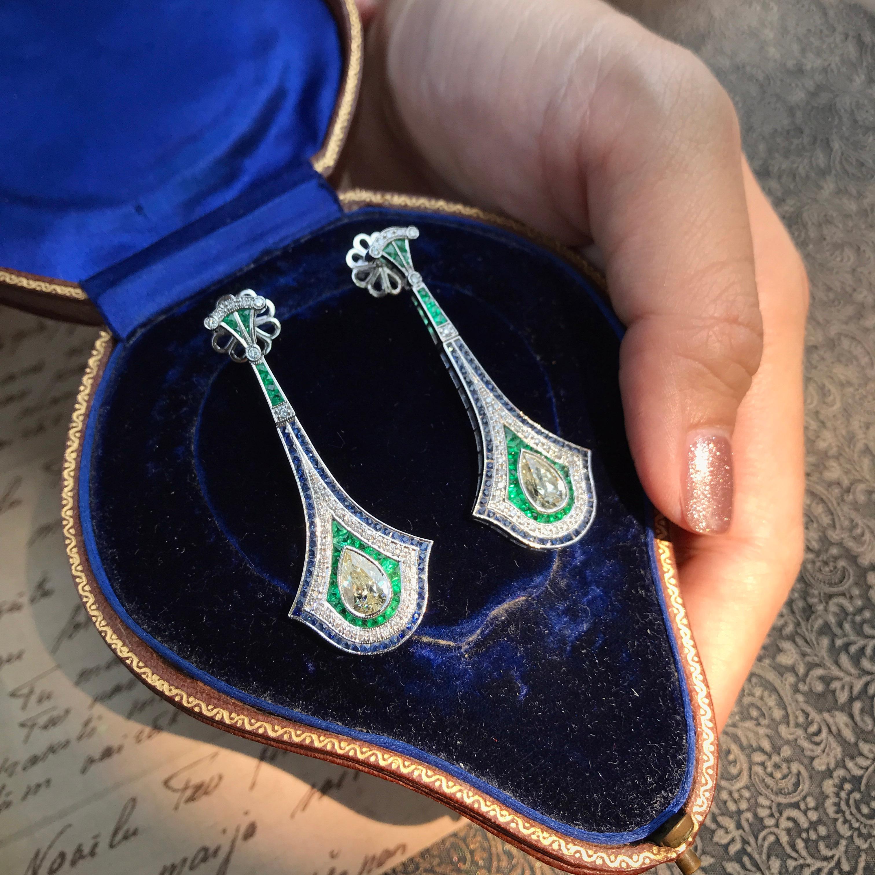 Pear Cut GIA Pear Shape Diamond Emerald Sapphire Art Deco Style Earrings in 18K Gold For Sale