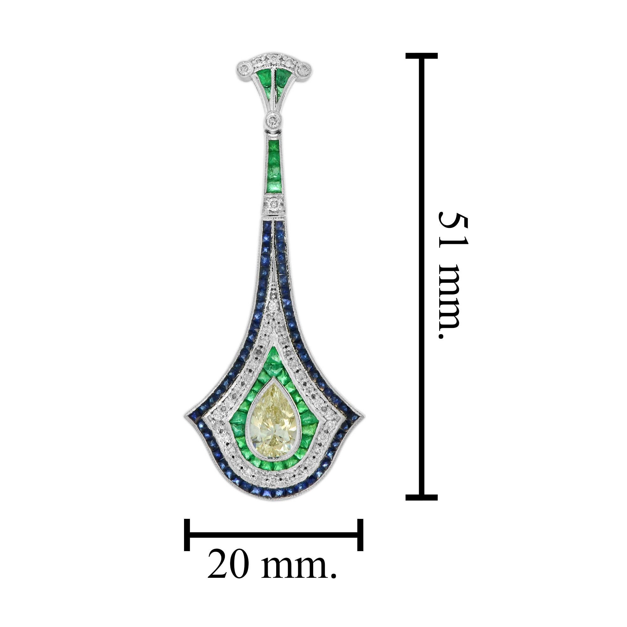 GIA Pear Shape Diamond Emerald Sapphire Art Deco Style Earrings in 18K Gold For Sale 1