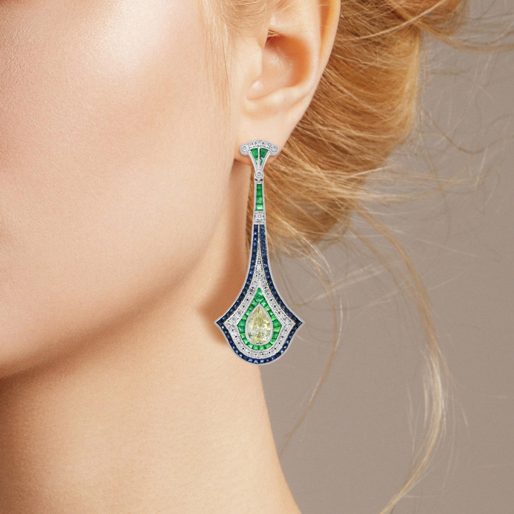 GIA Pear Shape Diamond Emerald Sapphire Art Deco Style Earrings in 18K Gold For Sale 2