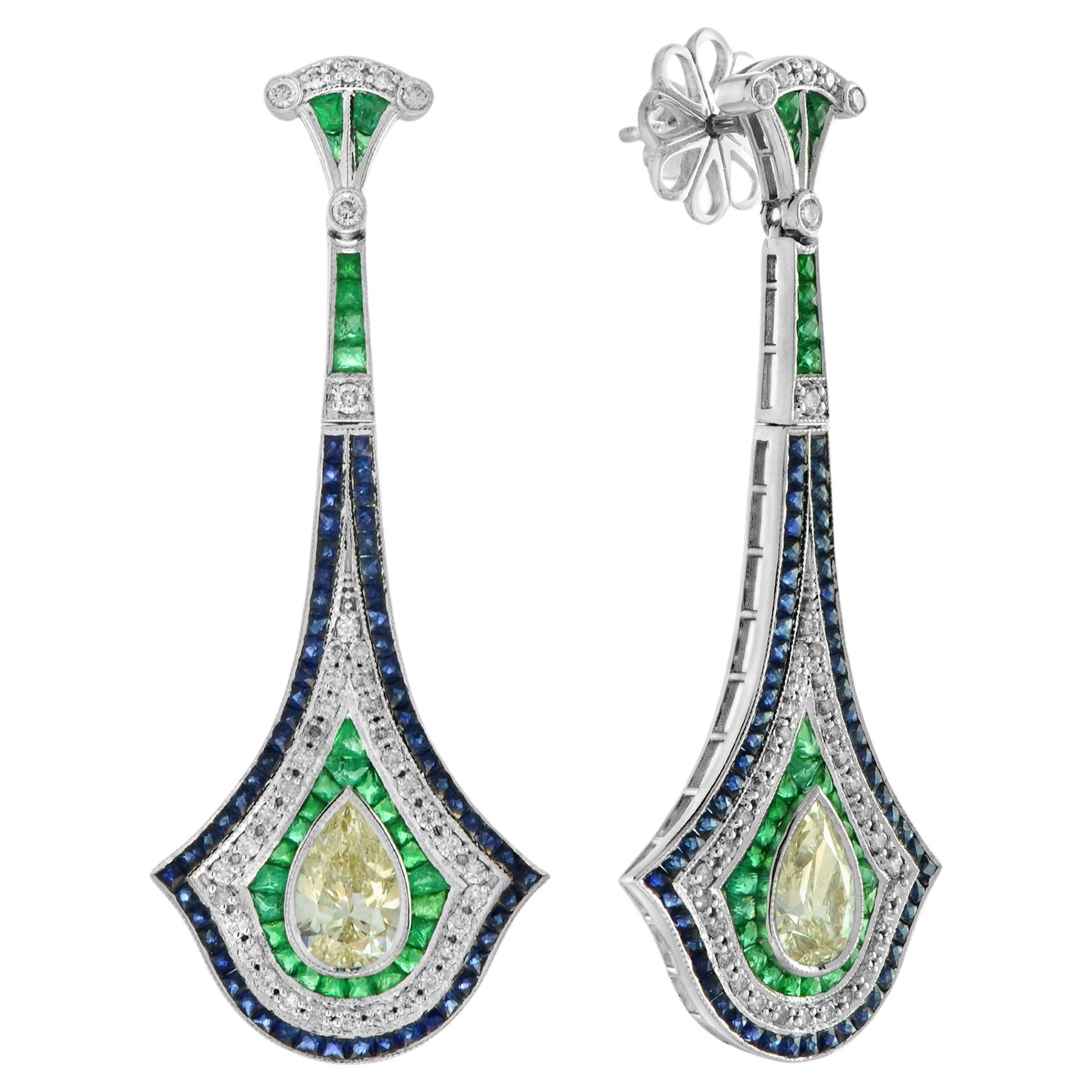 GIA Pear Shape Diamond Emerald Sapphire Art Deco Style Earrings in 18K Gold For Sale