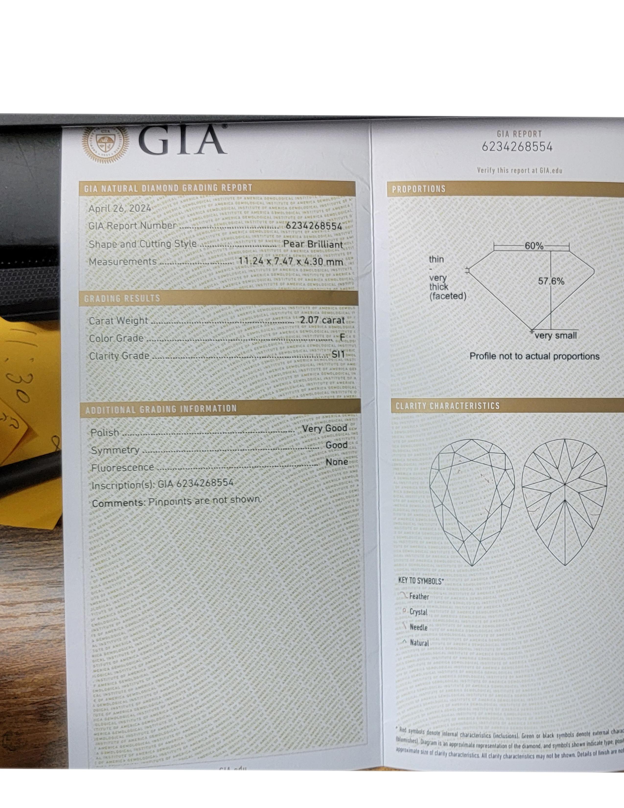 GIA Pear Shape Diamond Ring 2.07 Natural Diamond F-SI Engagement Ring 18 karat In New Condition For Sale In Brooklyn, NY