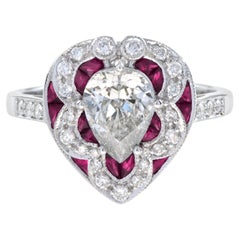 GIA Pear Shape Diamond with Ruby Art Deco Style Ring in 18K Gold