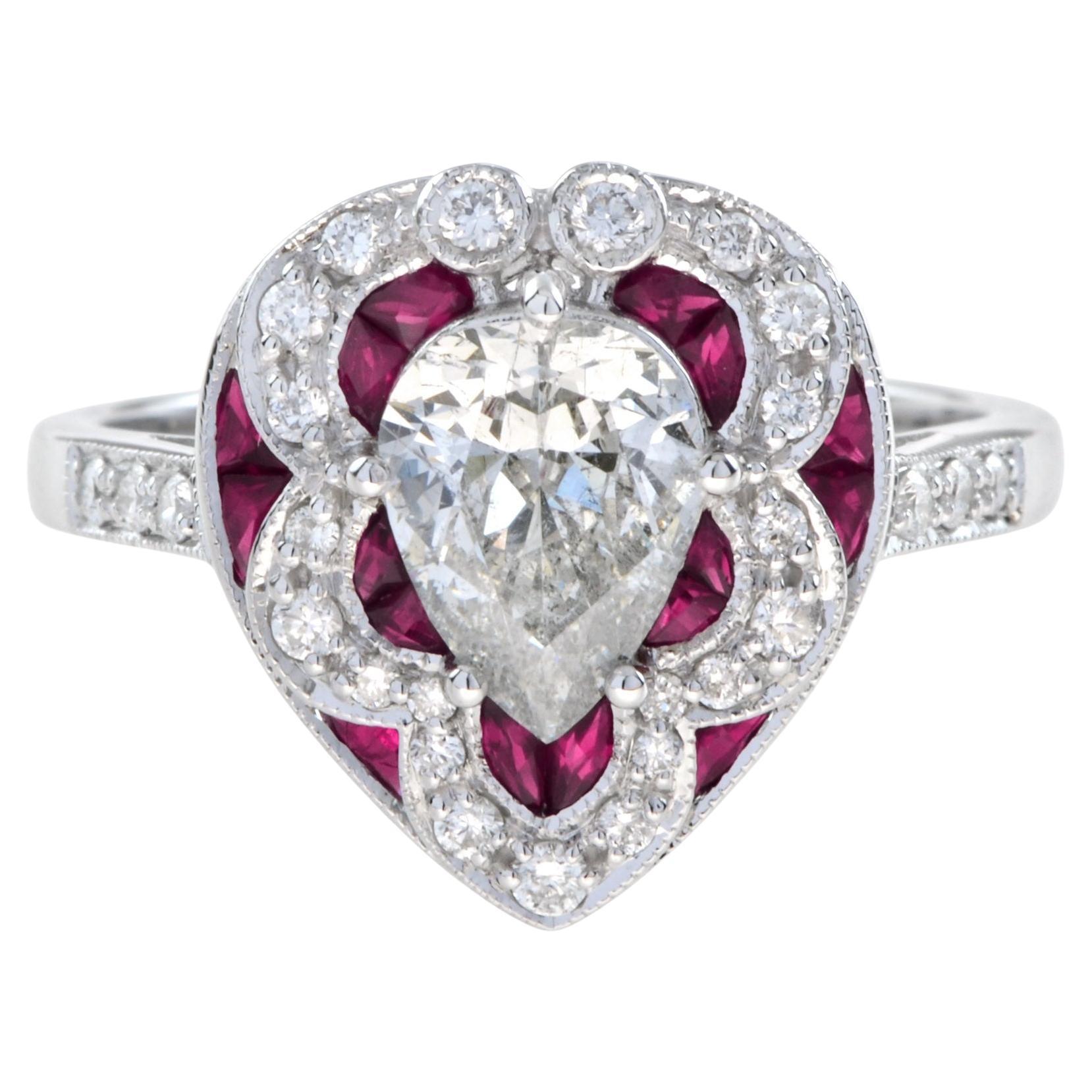 GIA Birnenförmiger Diamant mit Rubin Ring im Art Deco Stil in 18K Gold im Angebot