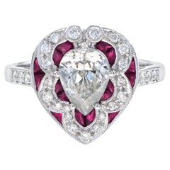 GIA Pear Shape Diamond with Ruby Art Deco Style Ring in 18K Gold