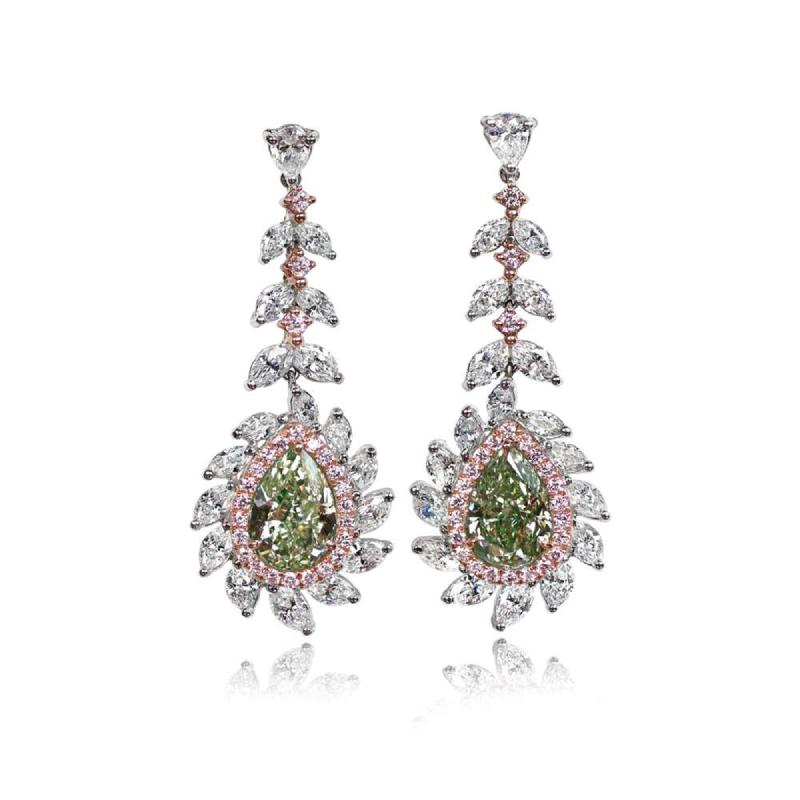 Art Deco GIA Pear Shape Fancy Diamond Drop Earrings,  18k White Gold & Rose Gold